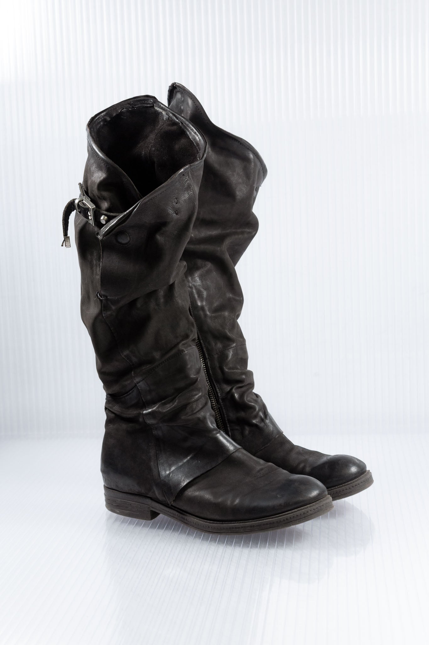 BLACK SLOUCHY LEATHER KNEE-HIGH BOOTS