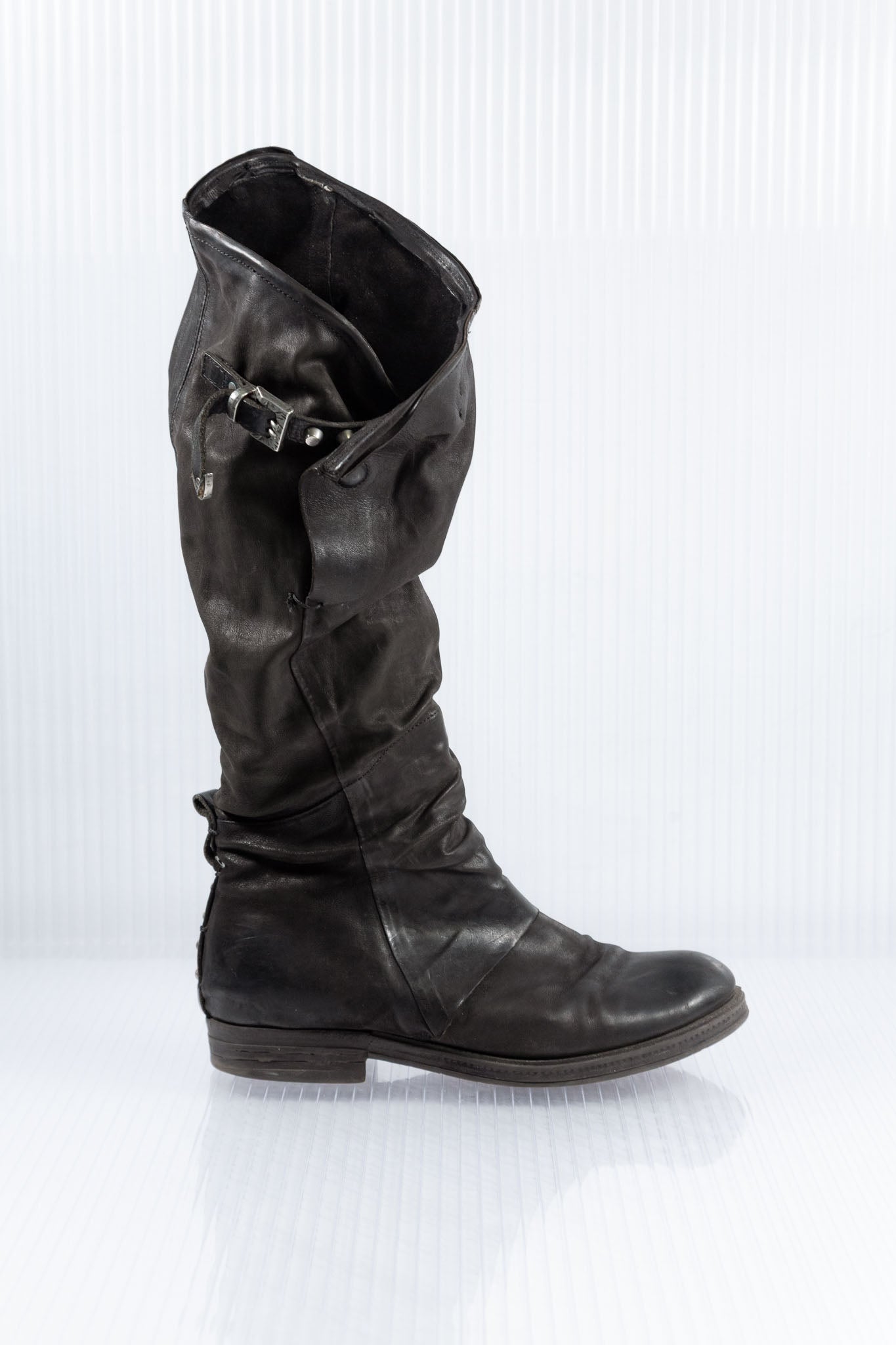 BLACK SLOUCHY LEATHER KNEE-HIGH BOOTS