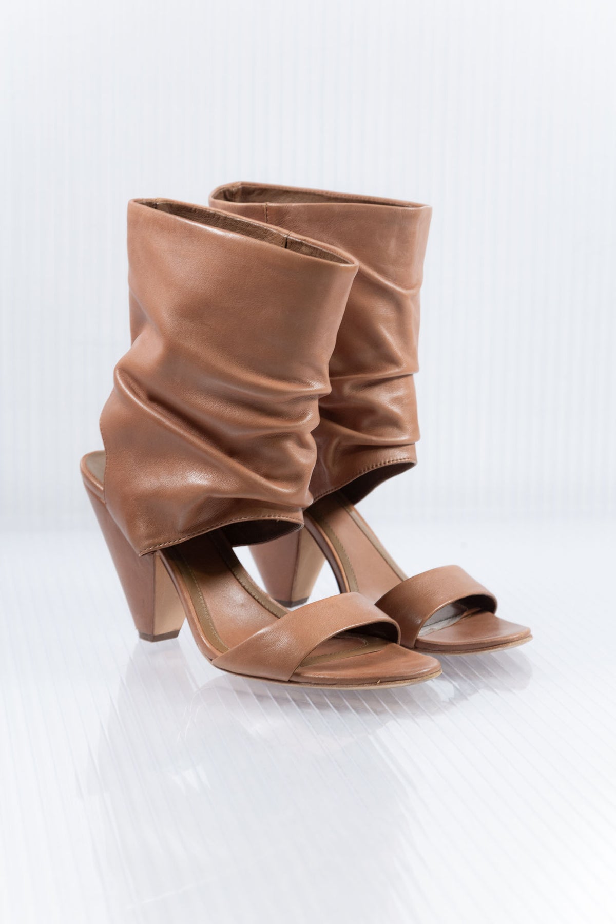 COGNAC LEATHER OPEN BOOTIE HEELS
