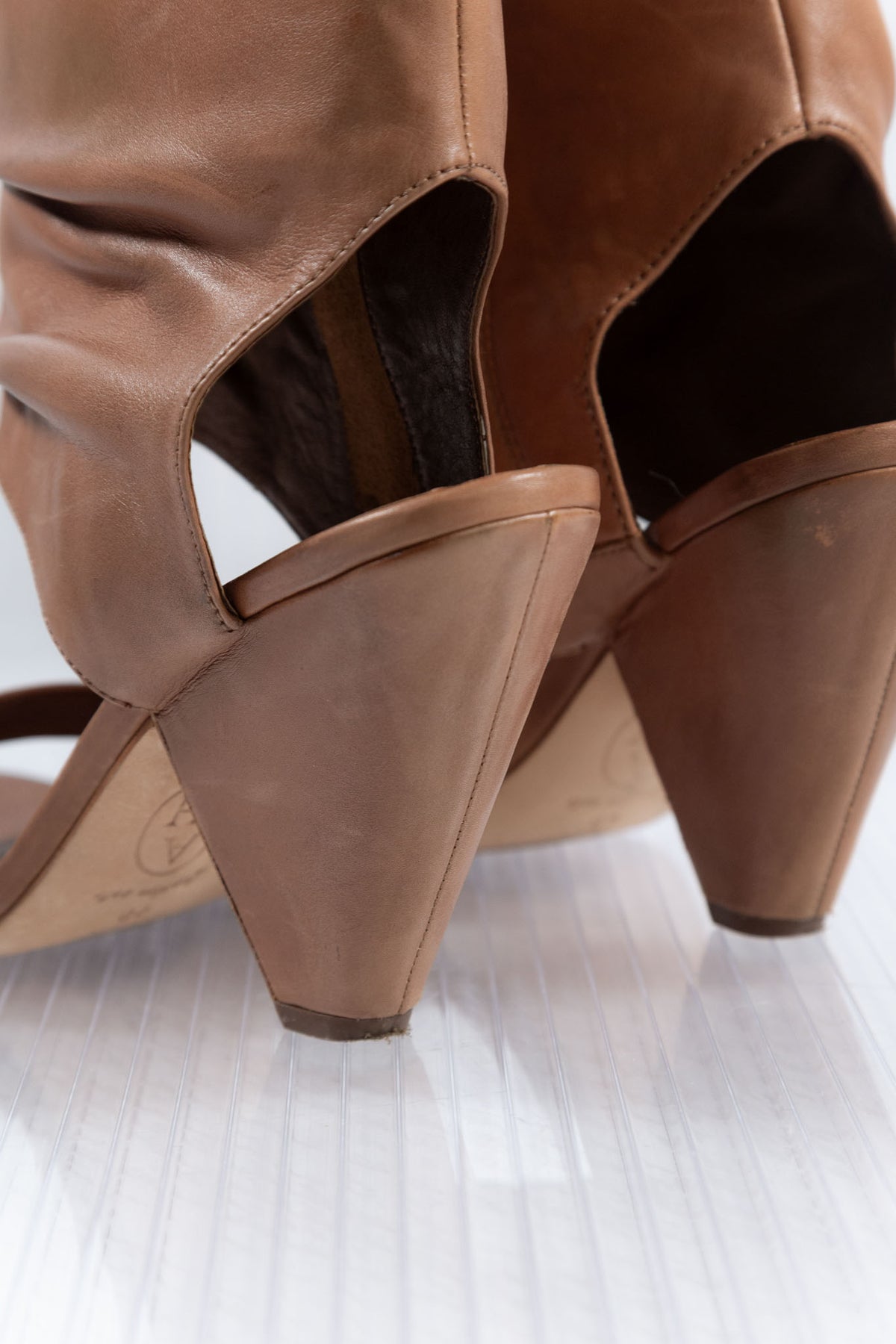 COGNAC LEATHER OPEN BOOTIE HEELS