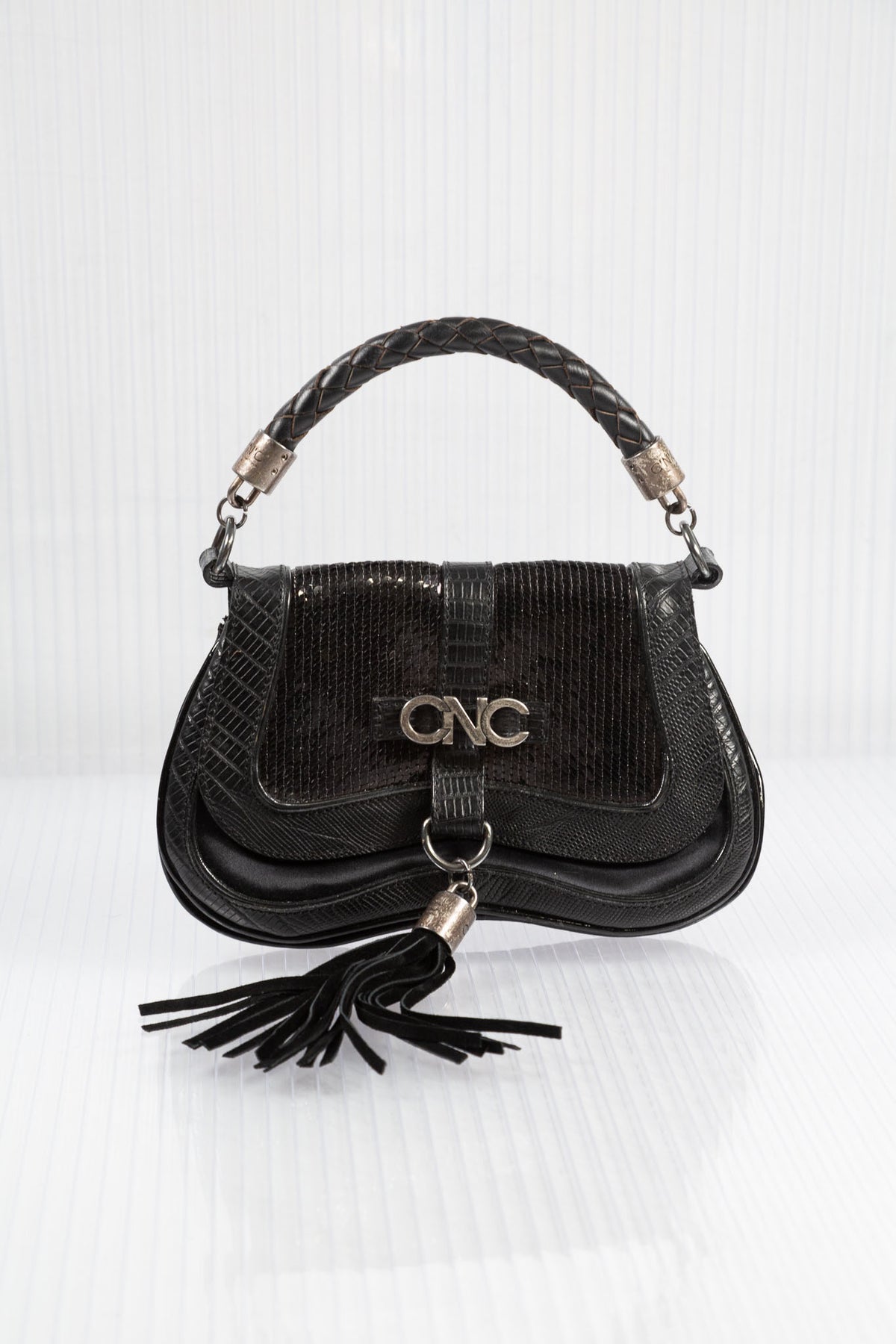 C'N'C FRINGED SEQUINED LEATHER CLUTCH