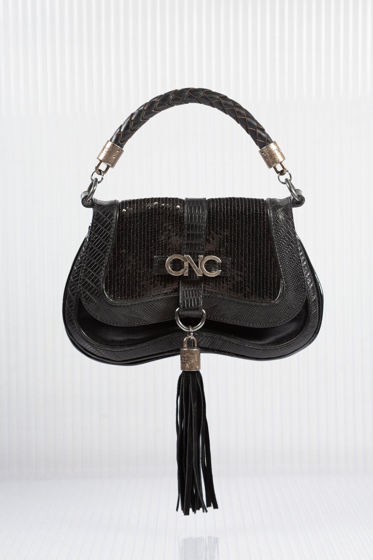 C'N'C FRINGED SEQUINED LEATHER CLUTCH