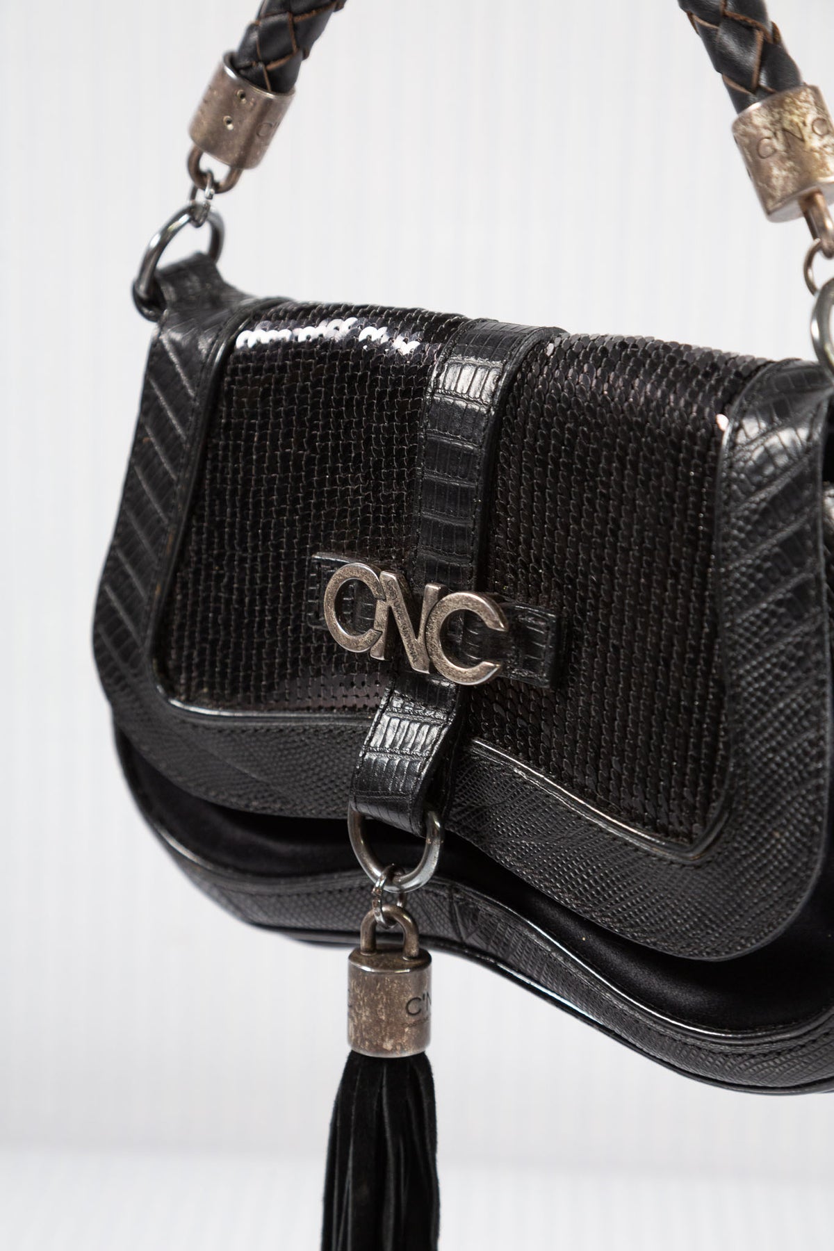 C'N'C FRINGED SEQUINED LEATHER CLUTCH