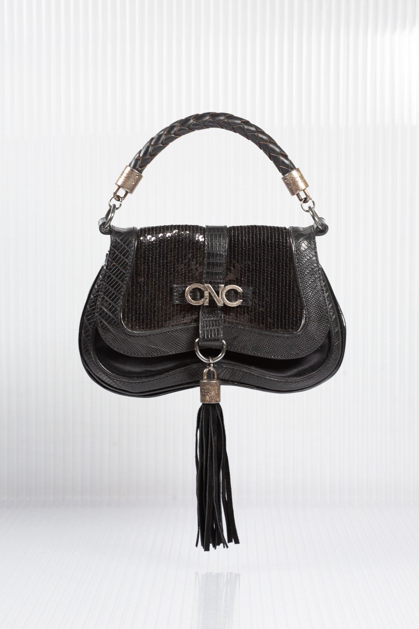 C'N'C FRINGED SEQUINED LEATHER CLUTCH