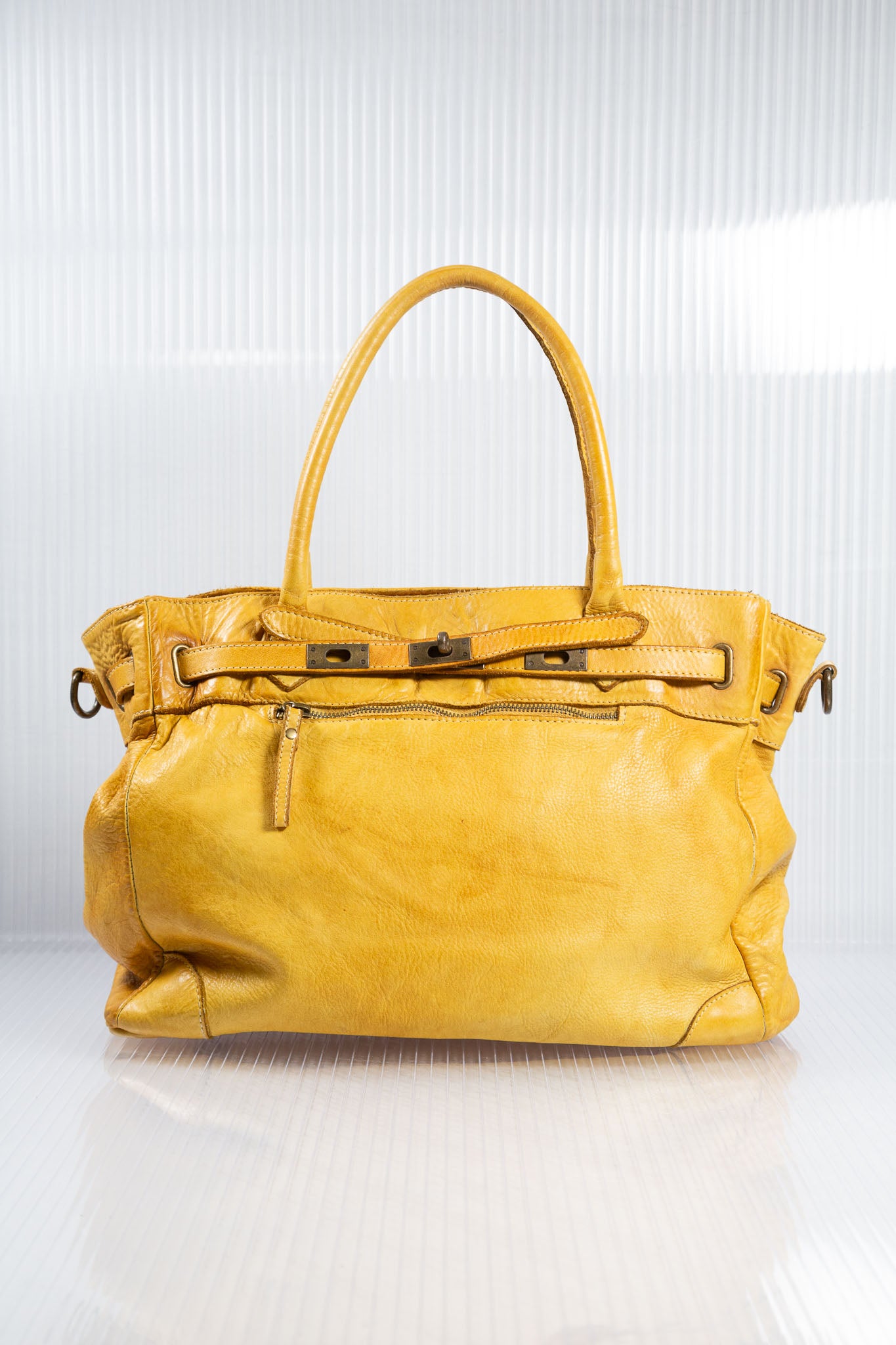 MUSTARD YELLOW LEATHER FIRKIN TOTE BAG
