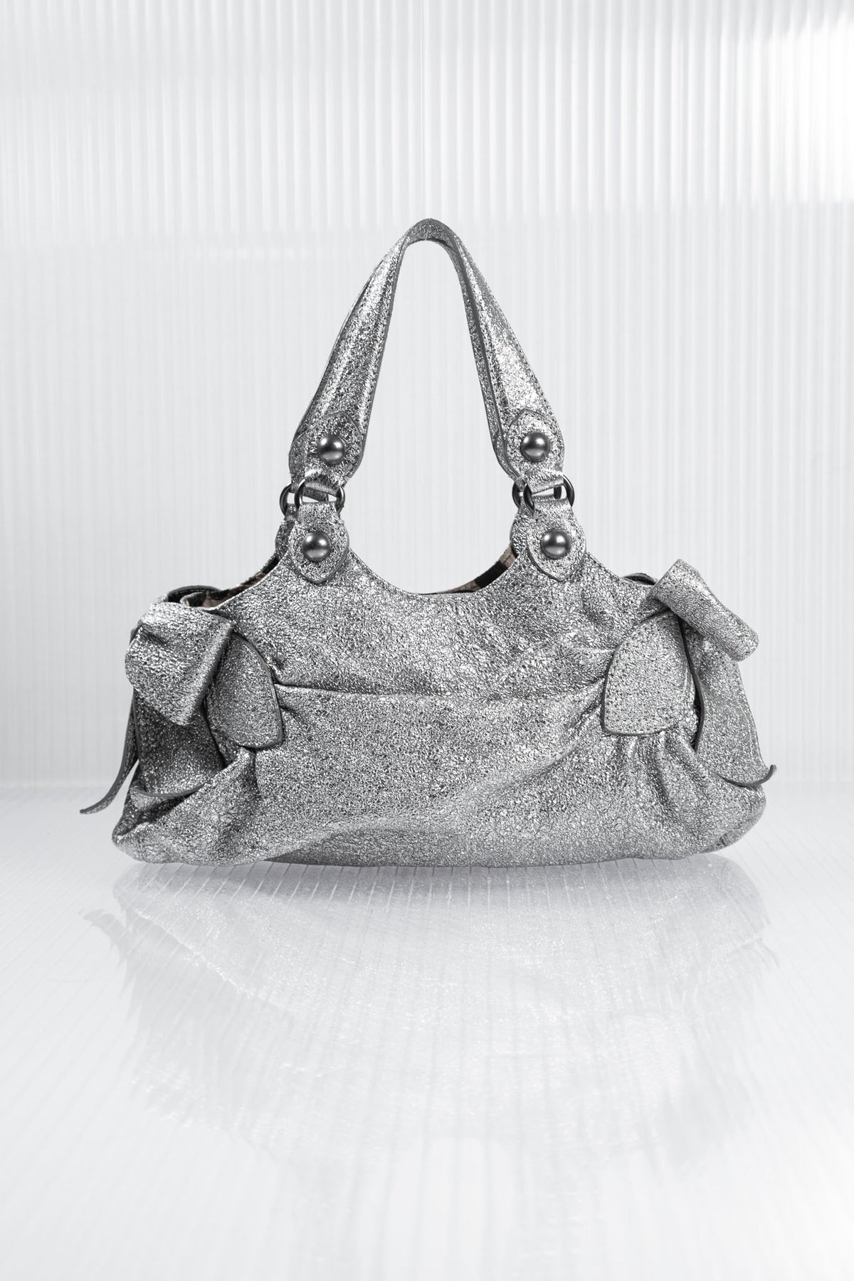 MOSCHINO SILVER METALLIC LEATHER SHOULDER BAG