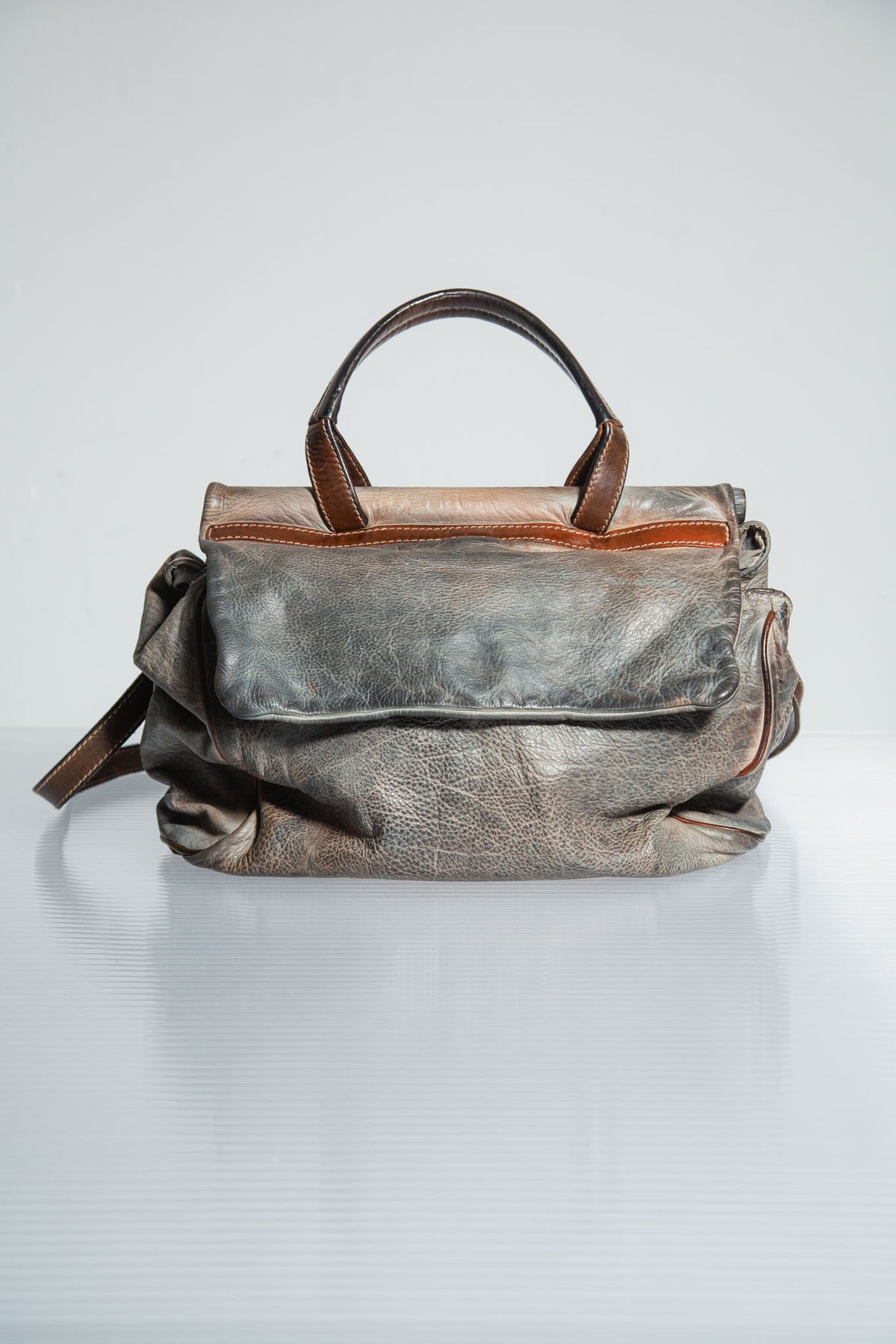 GREY & BROWN LEATHER HANDBAG WITH SHOULDER STRAP