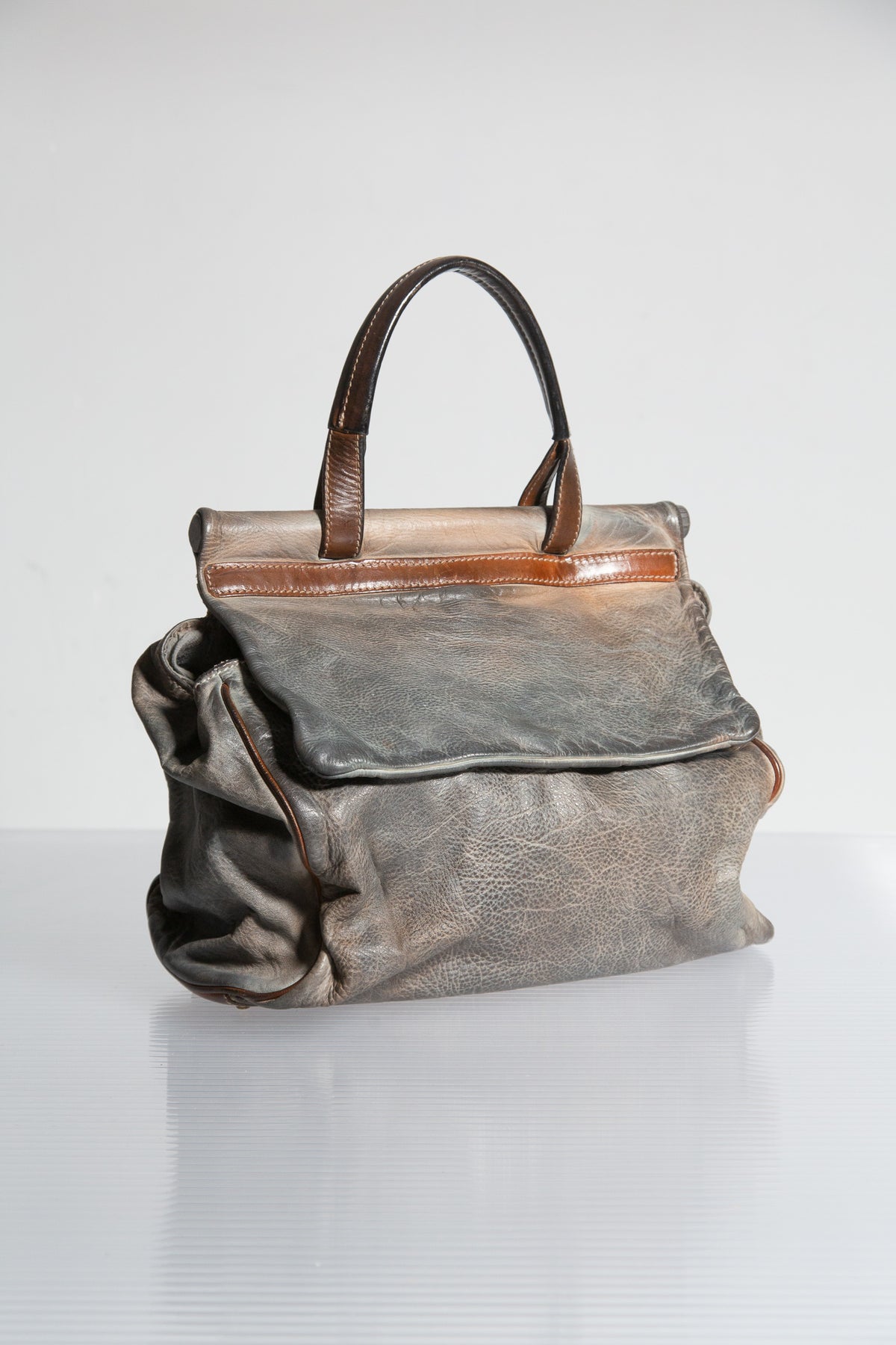 GREY & BROWN LEATHER HANDBAG WITH SHOULDER STRAP