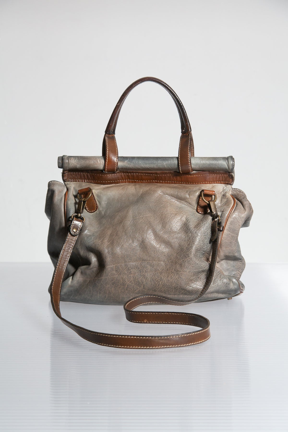 GREY & BROWN LEATHER HANDBAG WITH SHOULDER STRAP