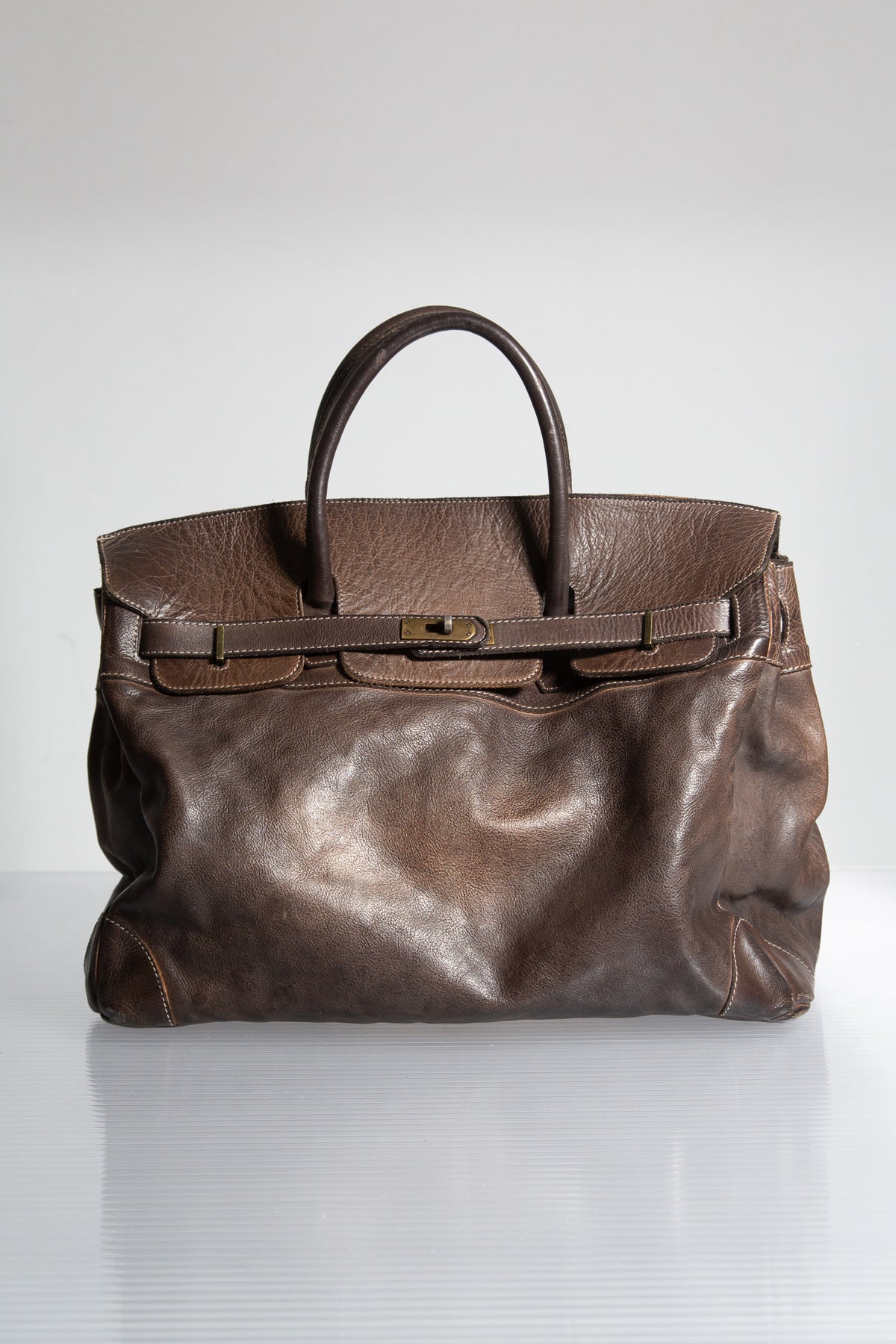 DARK BROWN LEATHER FIRKIN TOTE BAG