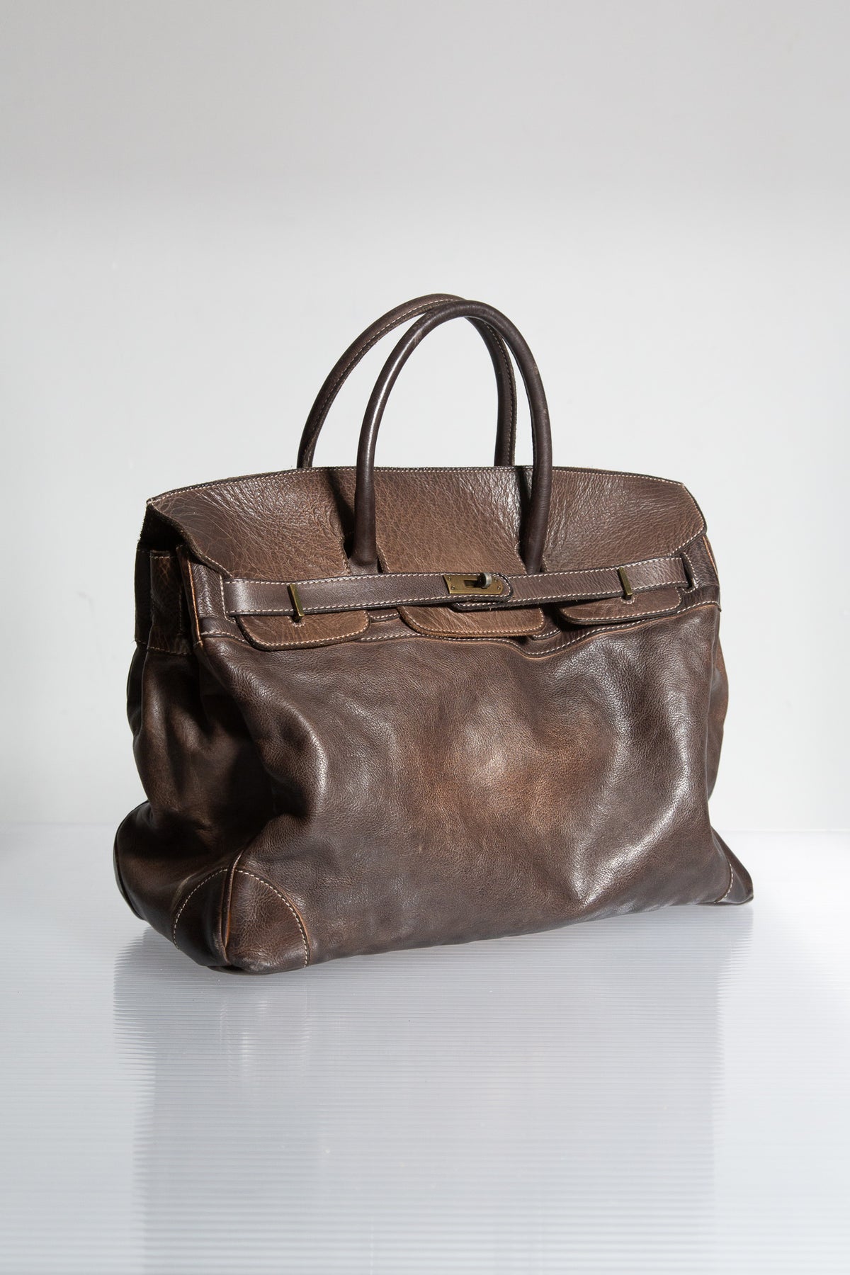 DARK BROWN LEATHER FIRKIN TOTE BAG