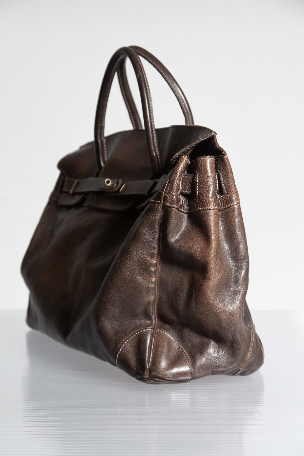 DARK BROWN LEATHER FIRKIN TOTE BAG