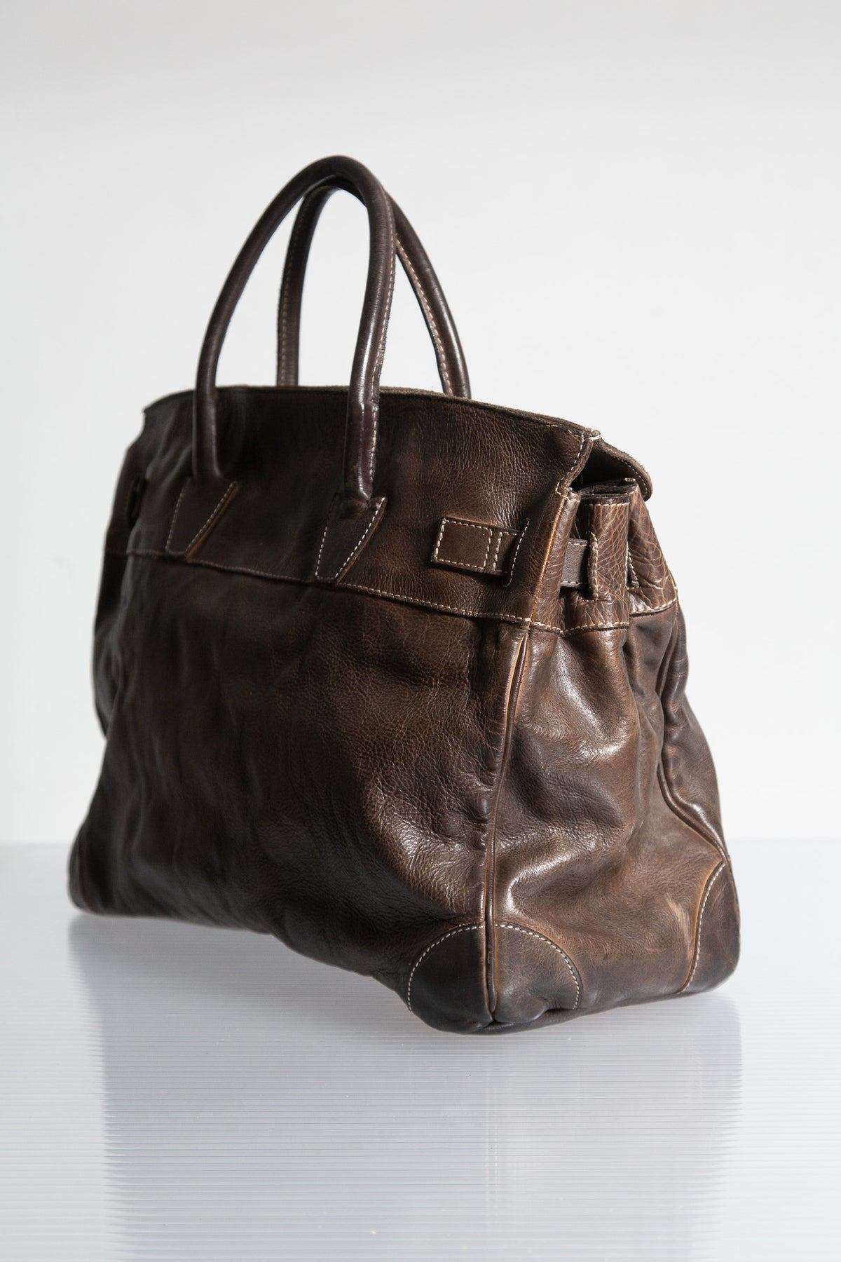 DARK BROWN LEATHER FIRKIN TOTE BAG