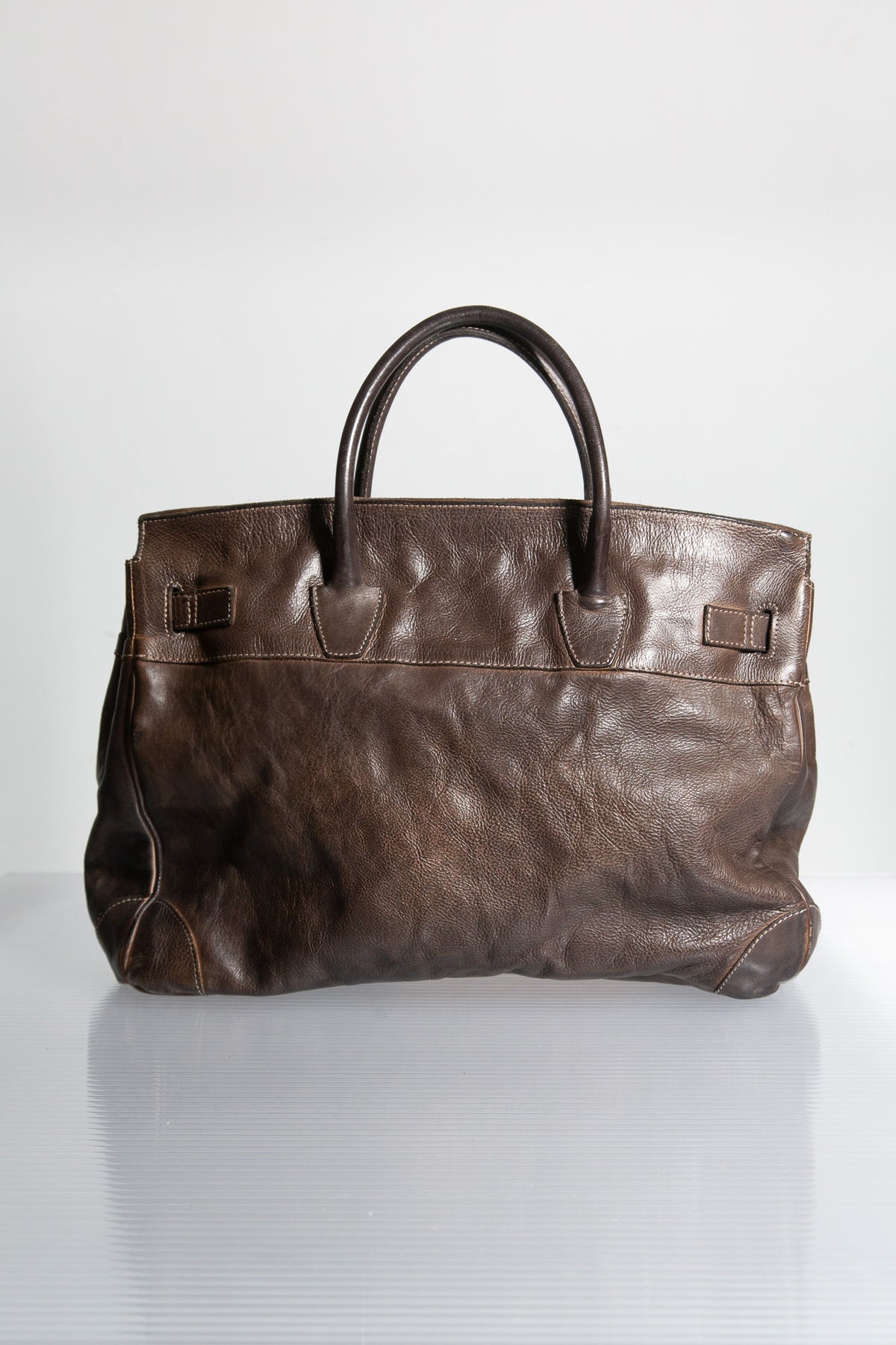 DARK BROWN LEATHER FIRKIN TOTE BAG