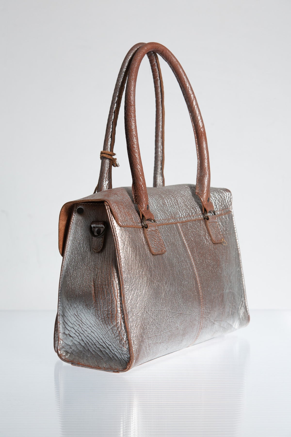 METALLIC ROSE LEATHER SATCHEL BAG