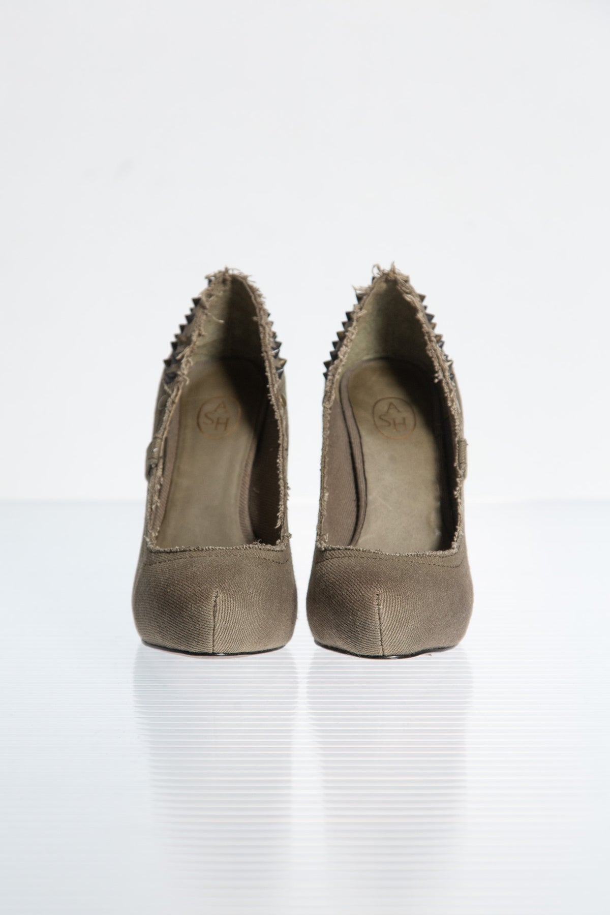 TAUPE STUDDED TEXTILE HEELS