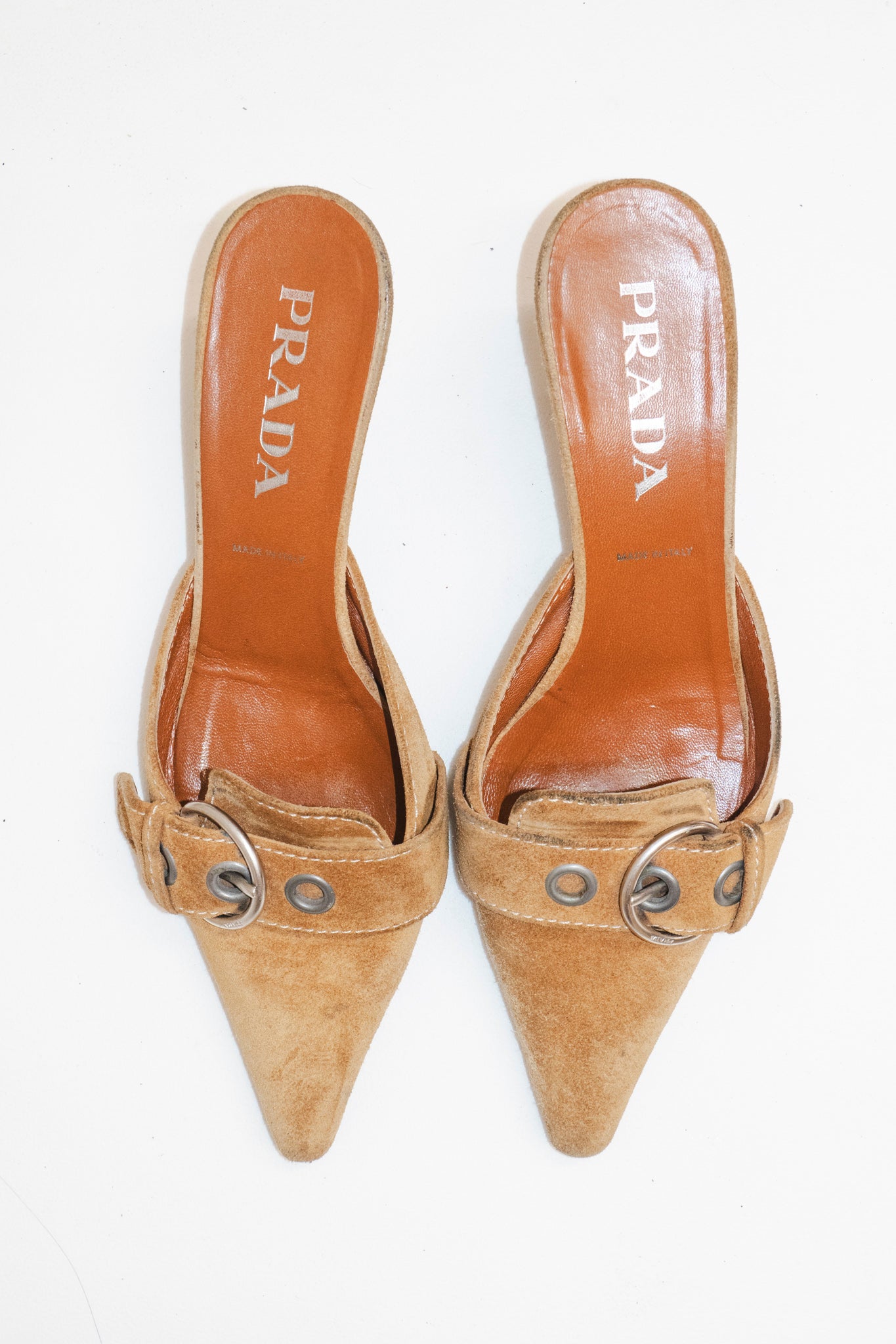 Prada Camel Buckled Kitten Heels