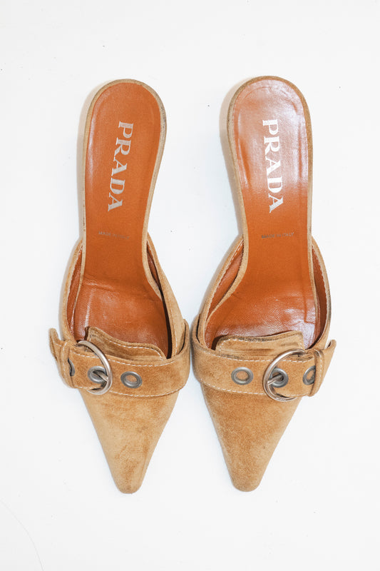 Prada Camel Buckled Kitten Heels