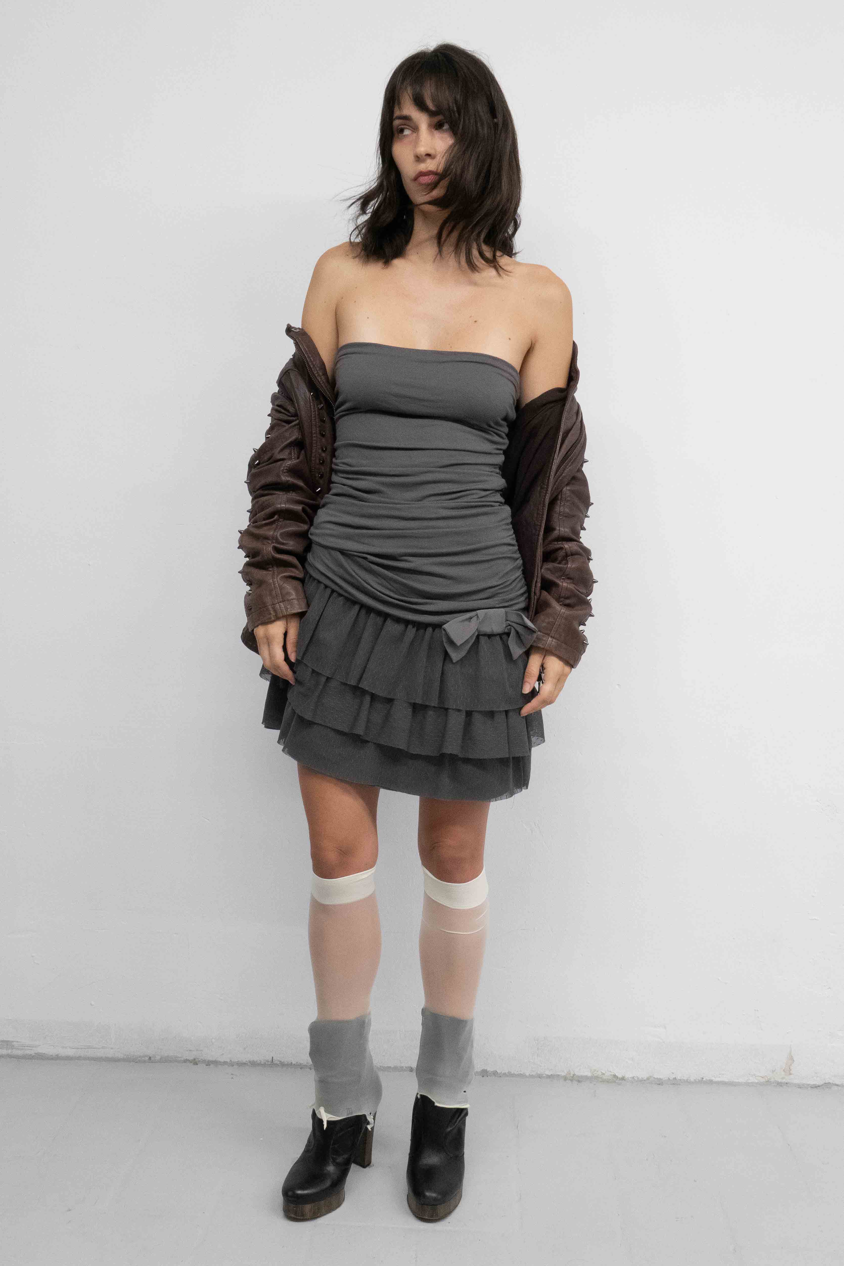 RUCHED BOW STAPELESS DRESS