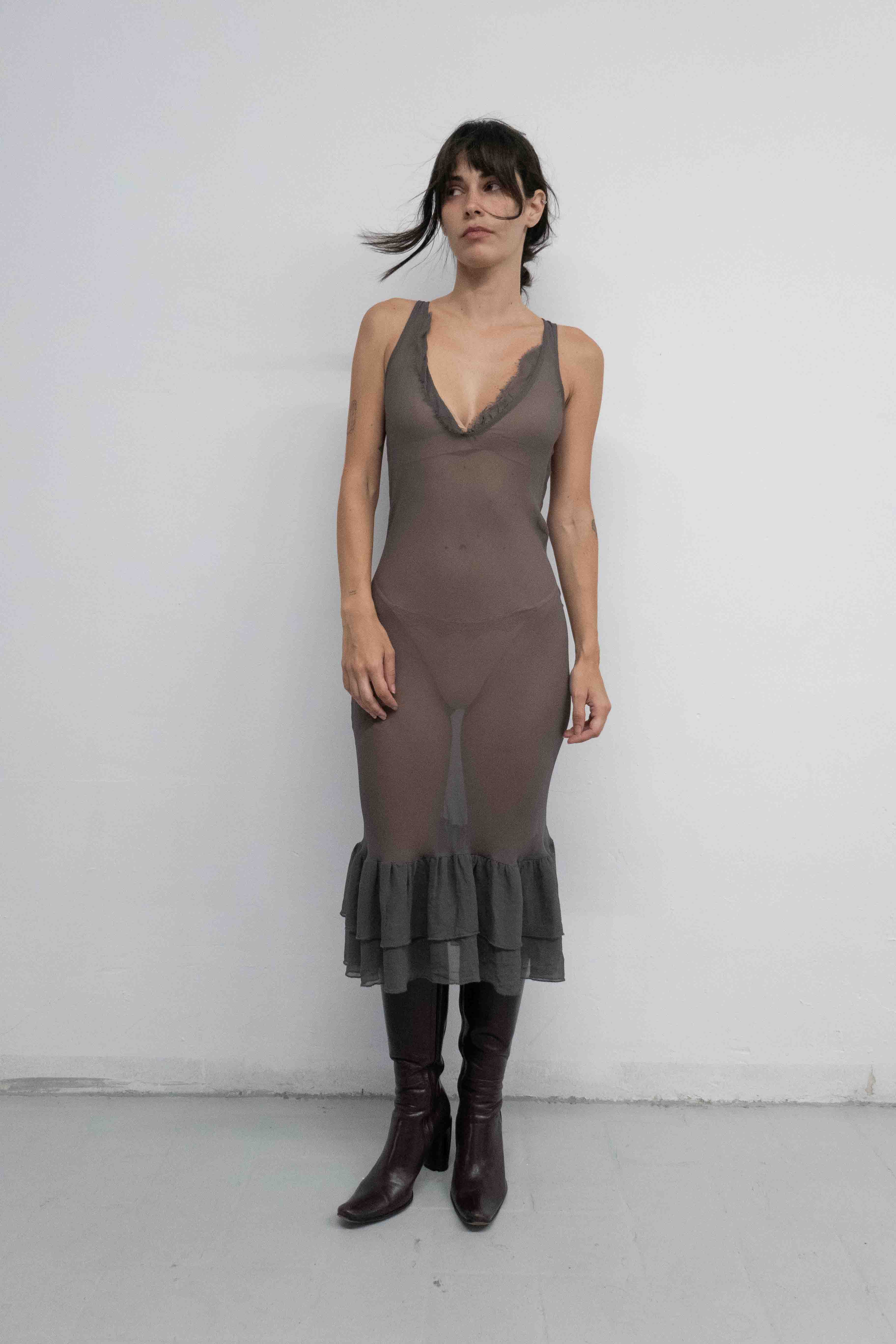 SILK RUFFLES SHEER DRESS