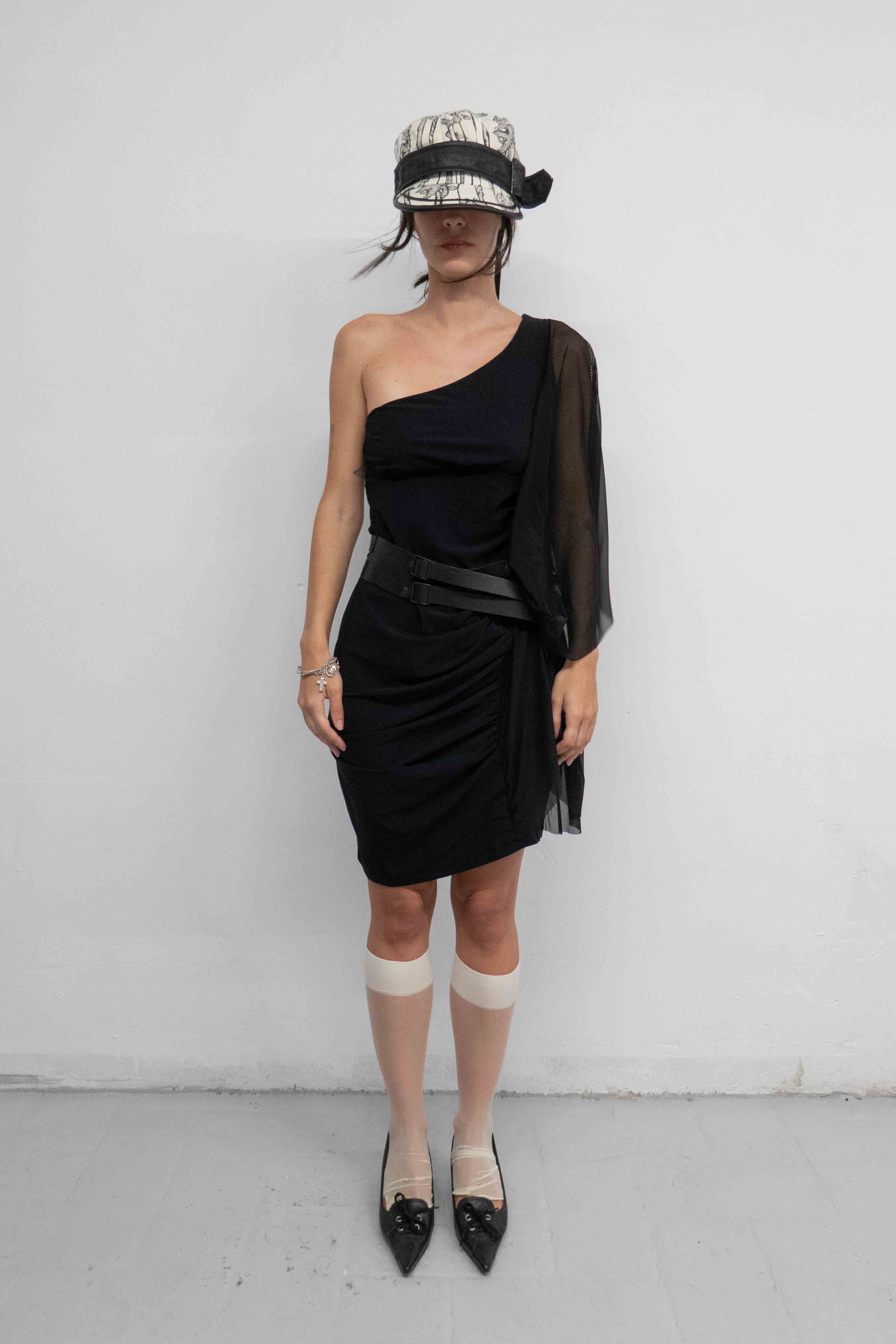 ASYMMETRIC MESH RUFFLED DRESS