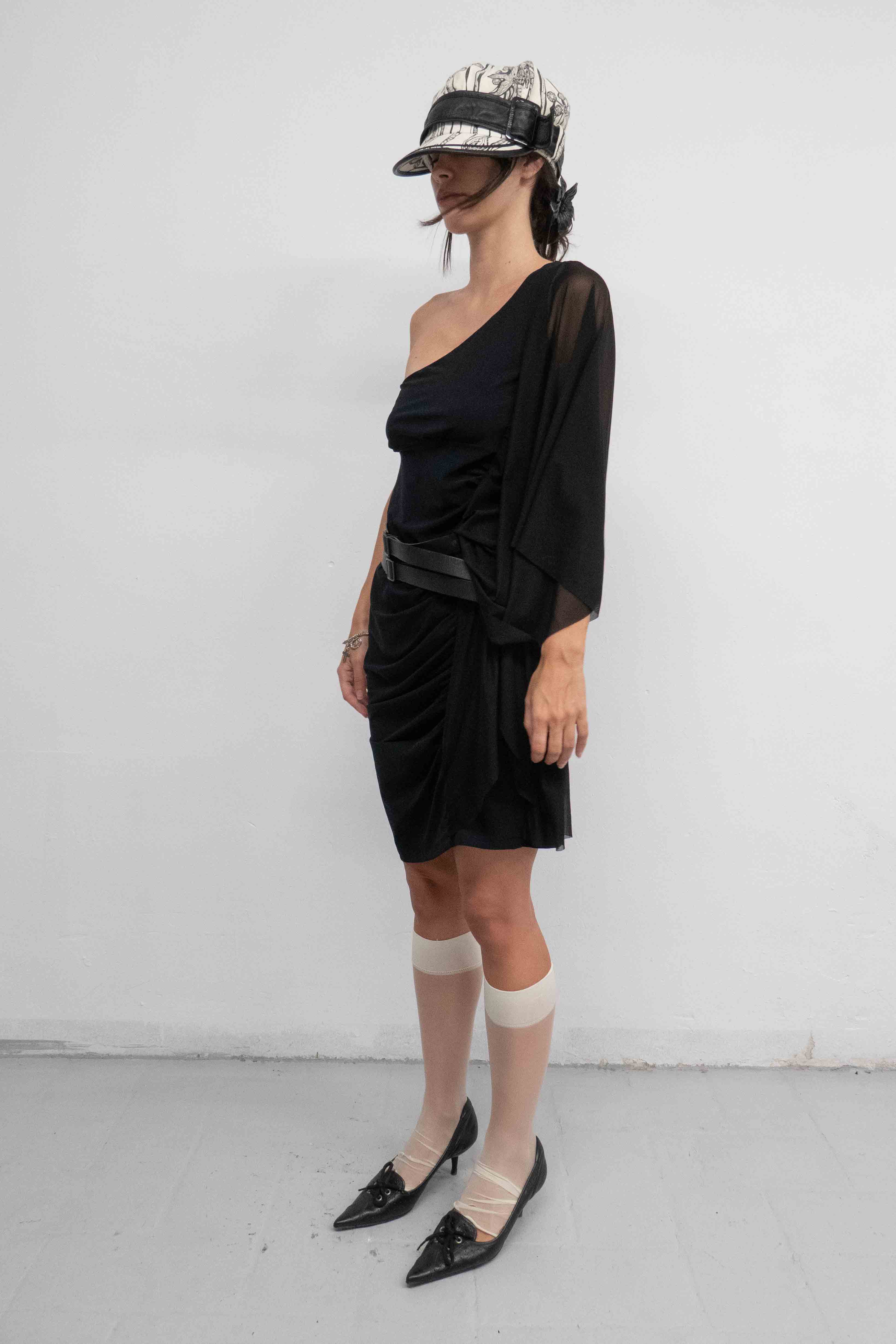 ASYMMETRIC MESH RUFFLED DRESS