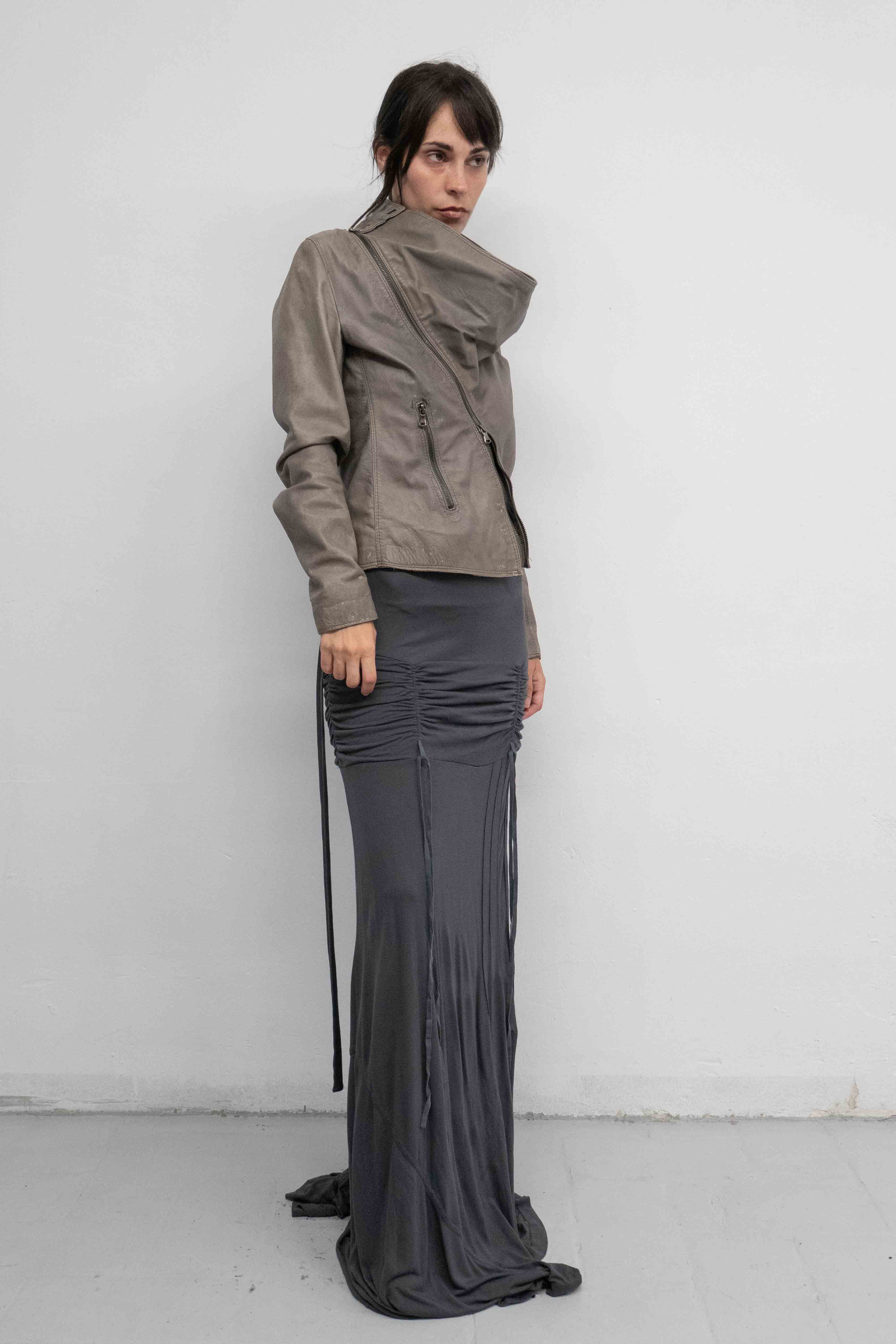 ASYMMETRIC DRAIPED LEATHER JACKET