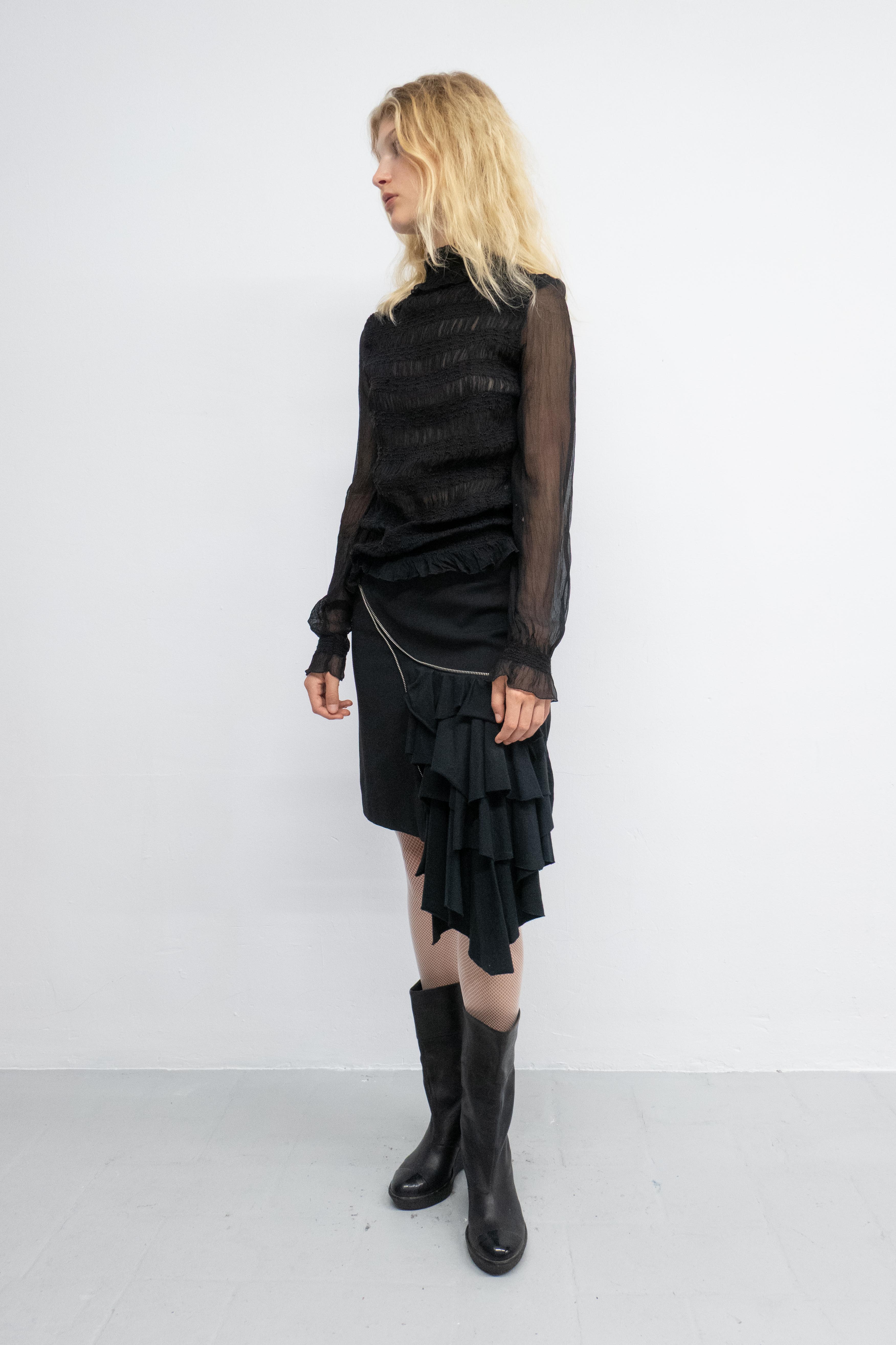 SILK RUCHED LONG SLEEVED SHEER TOP