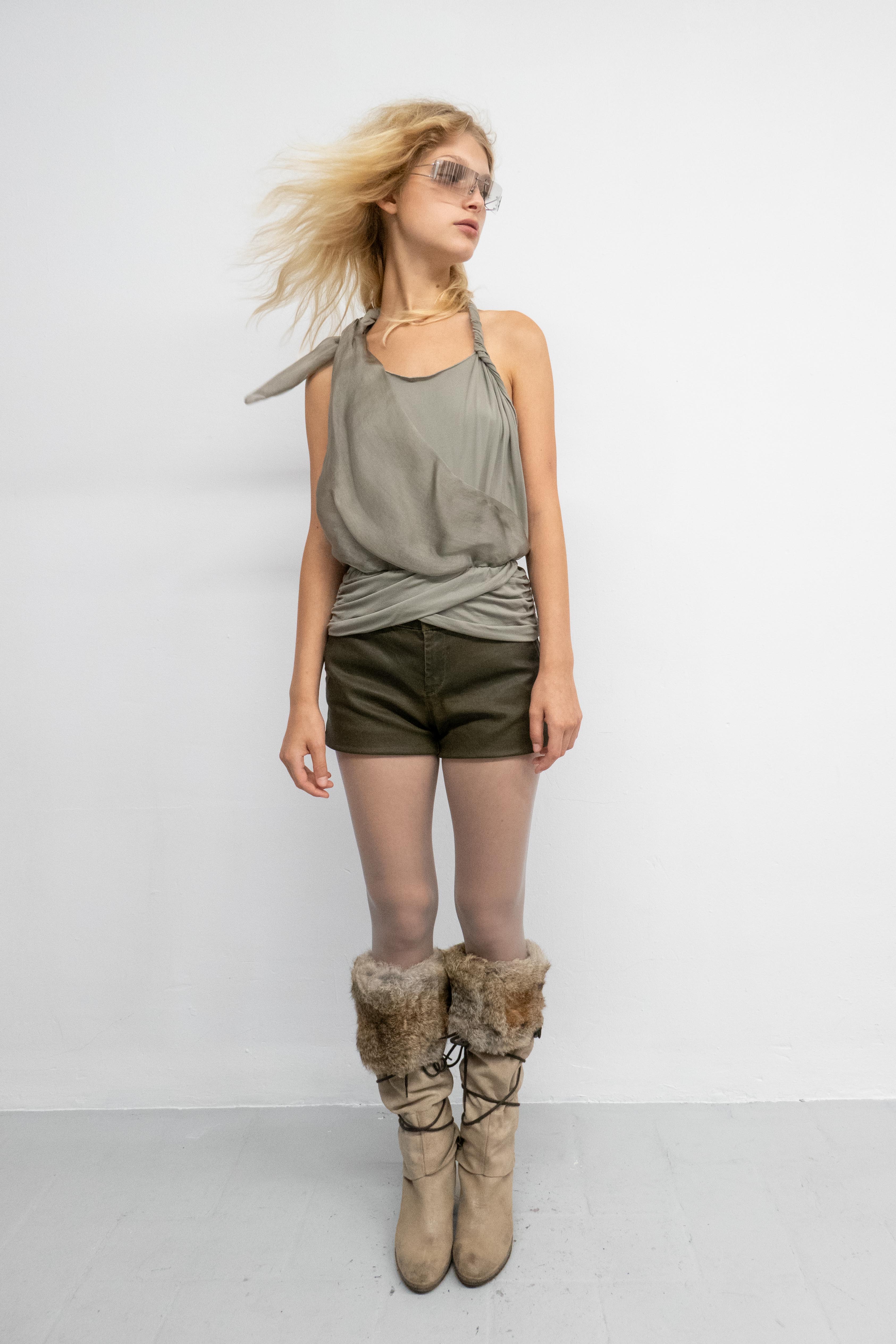 RUFFLED RUCHED HALTER SILK TOP