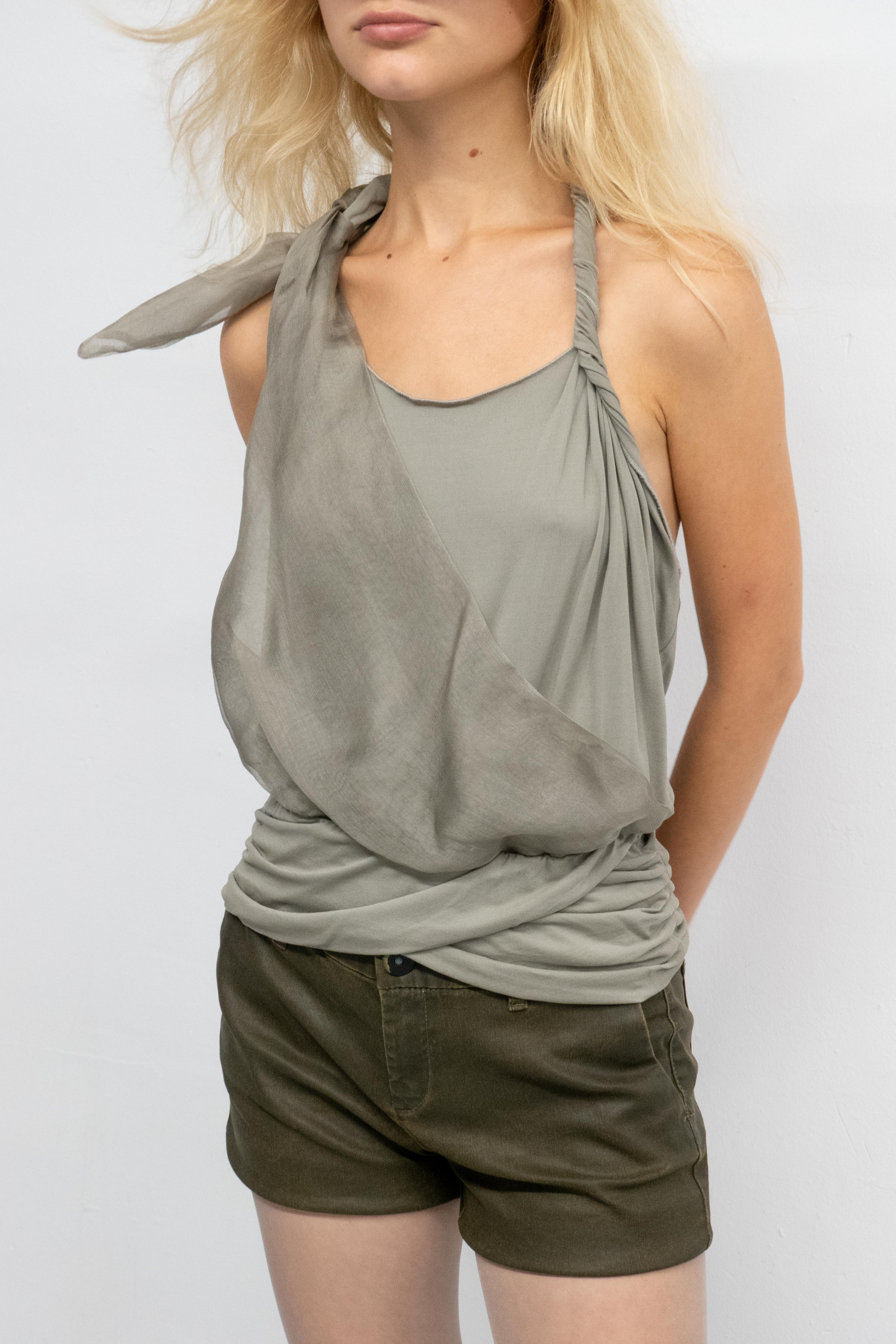 RUFFLED RUCHED HALTER SILK TOP