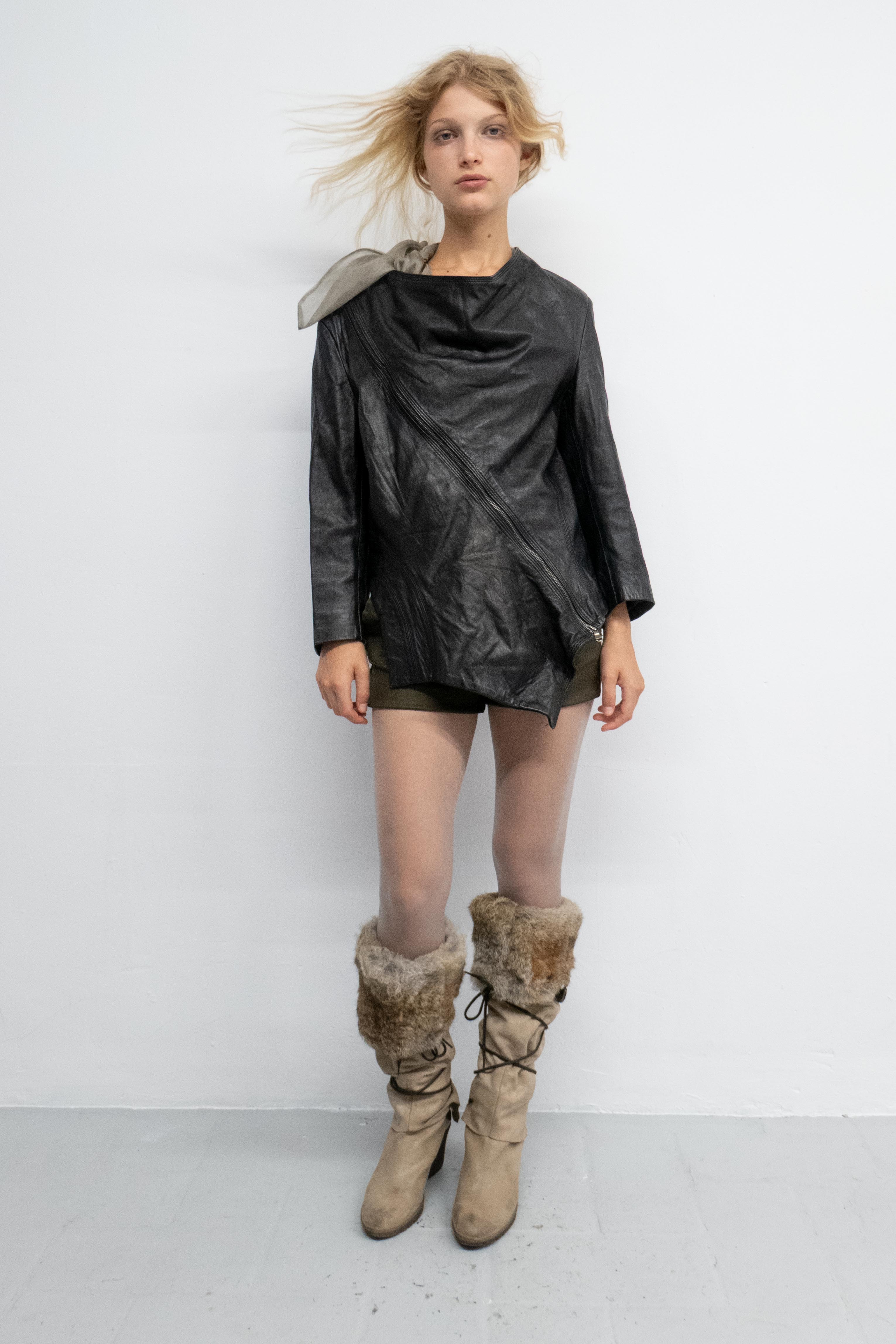 ASYMMETRIC DRAPED NECKLINE LEATHER JACKET