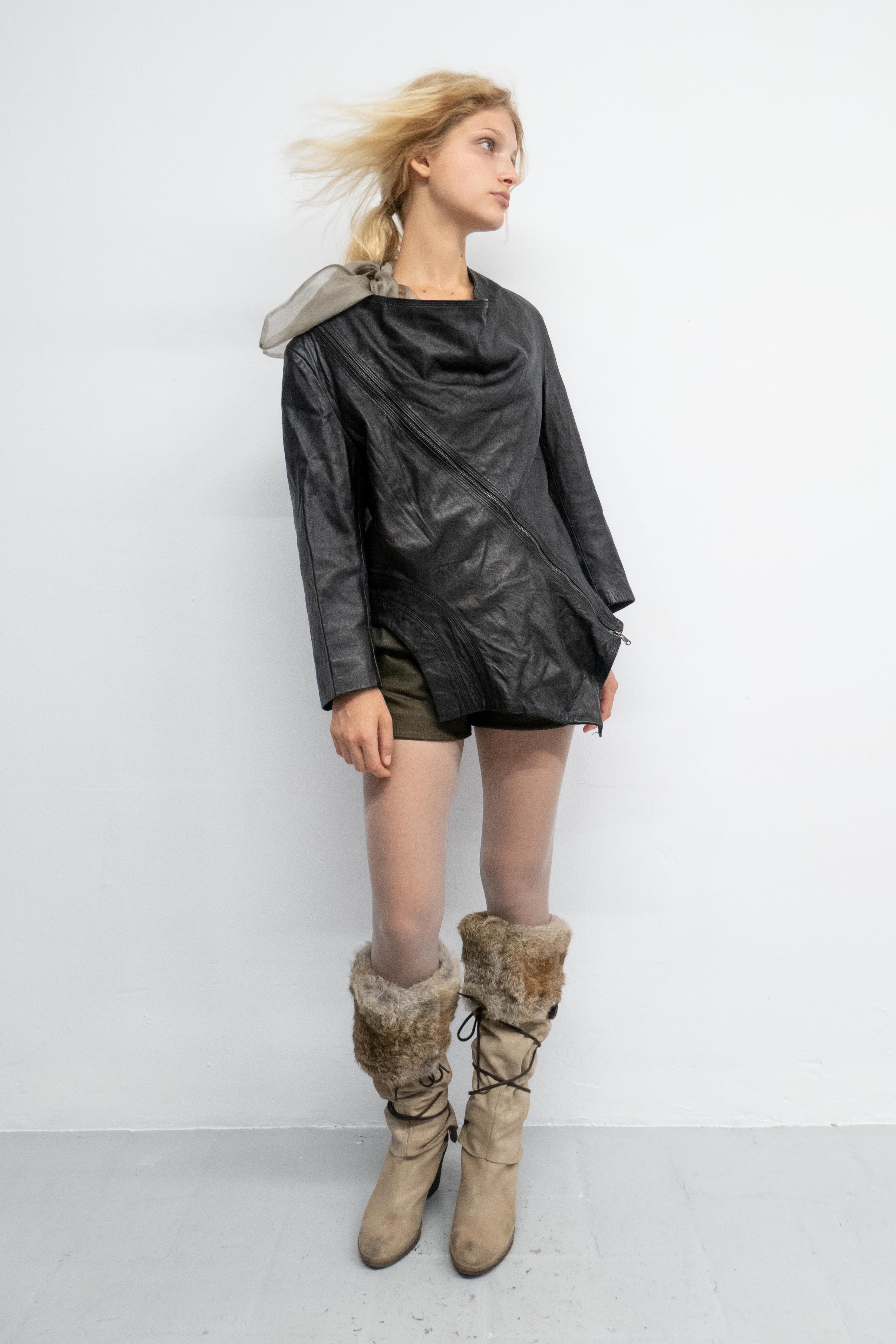 ASYMMETRIC DRAPED NECKLINE LEATHER JACKET
