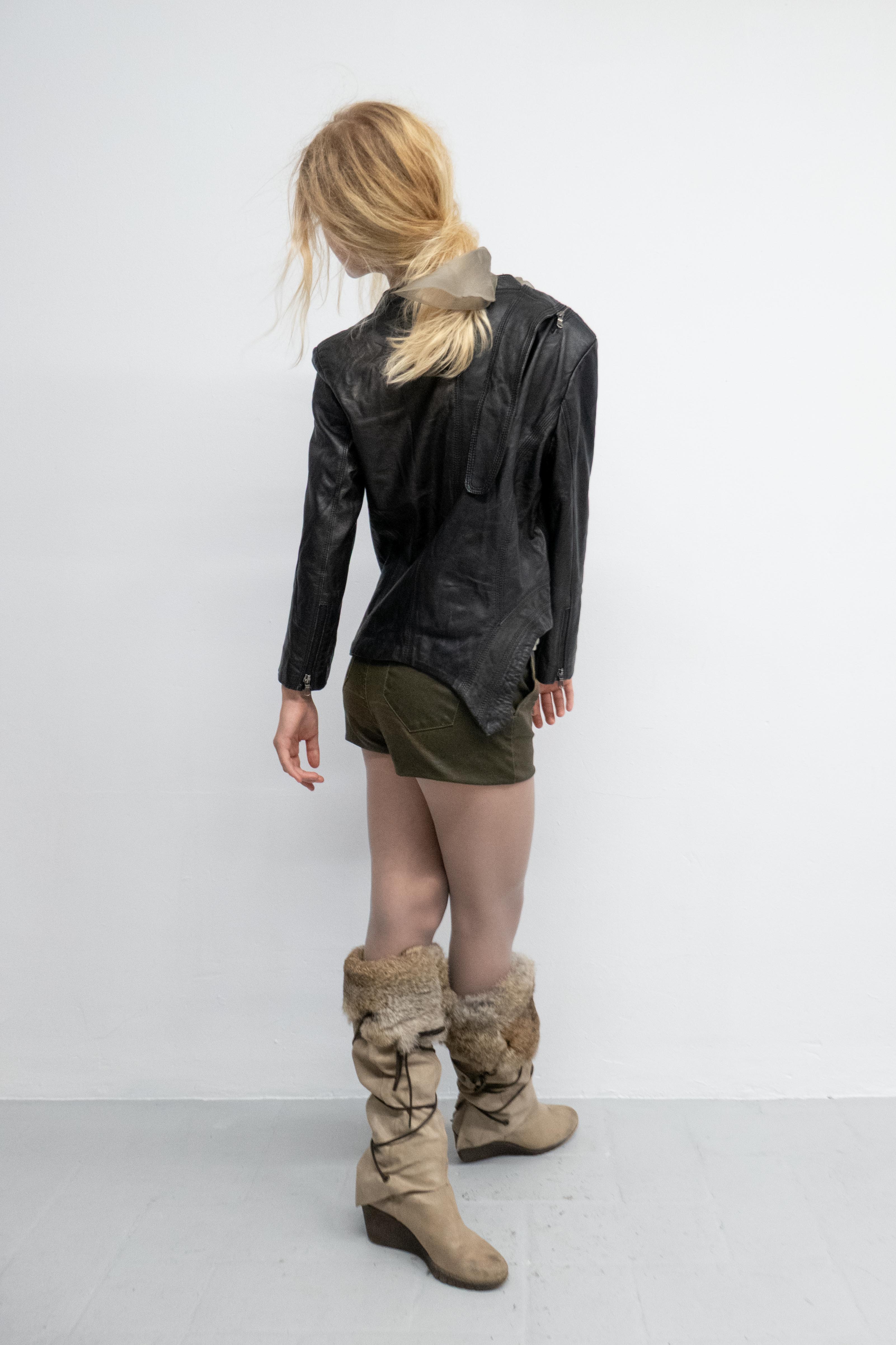 ASYMMETRIC DRAPED NECKLINE LEATHER JACKET