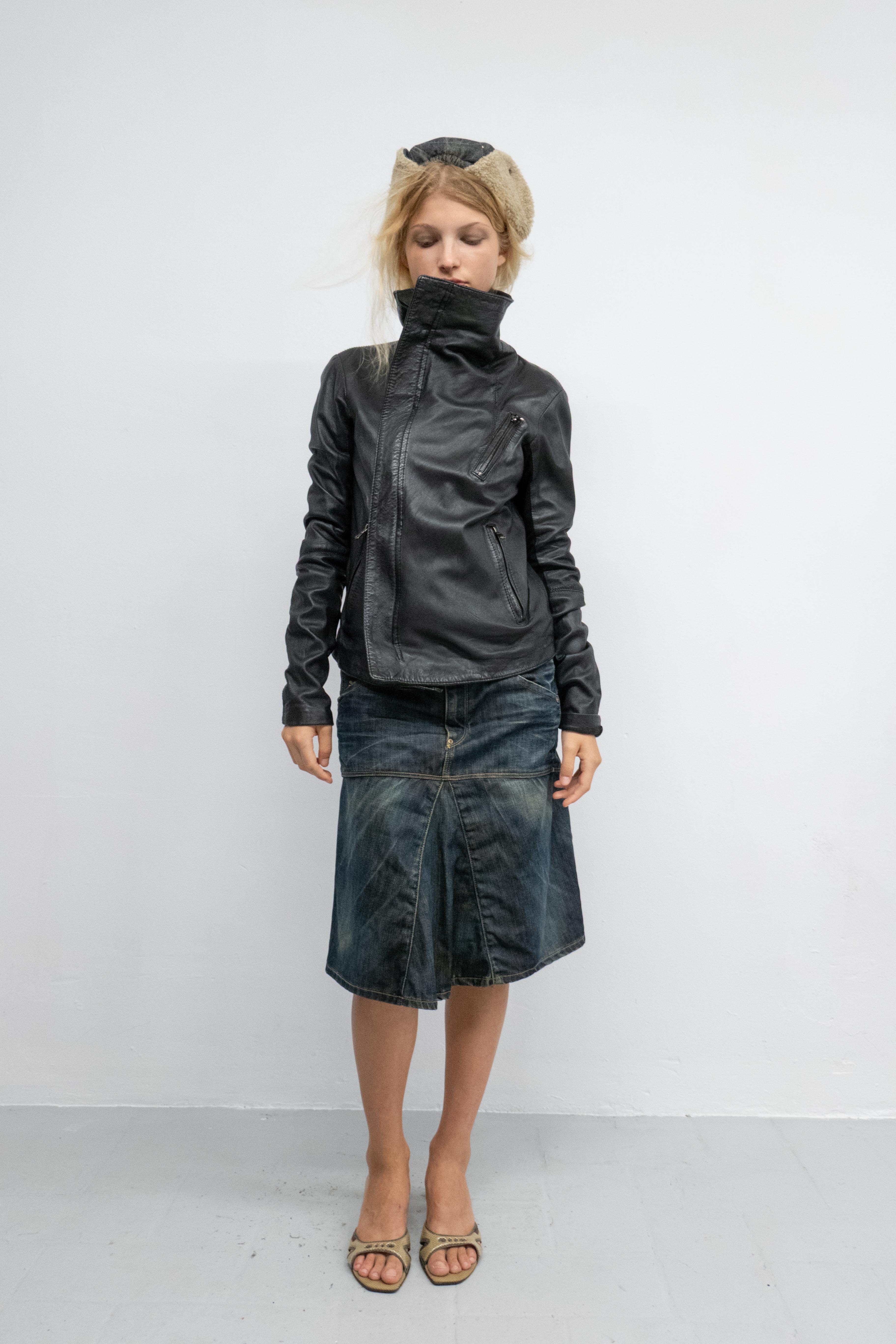 ASYMMETRIC LONG NECK LEATHER JACKET