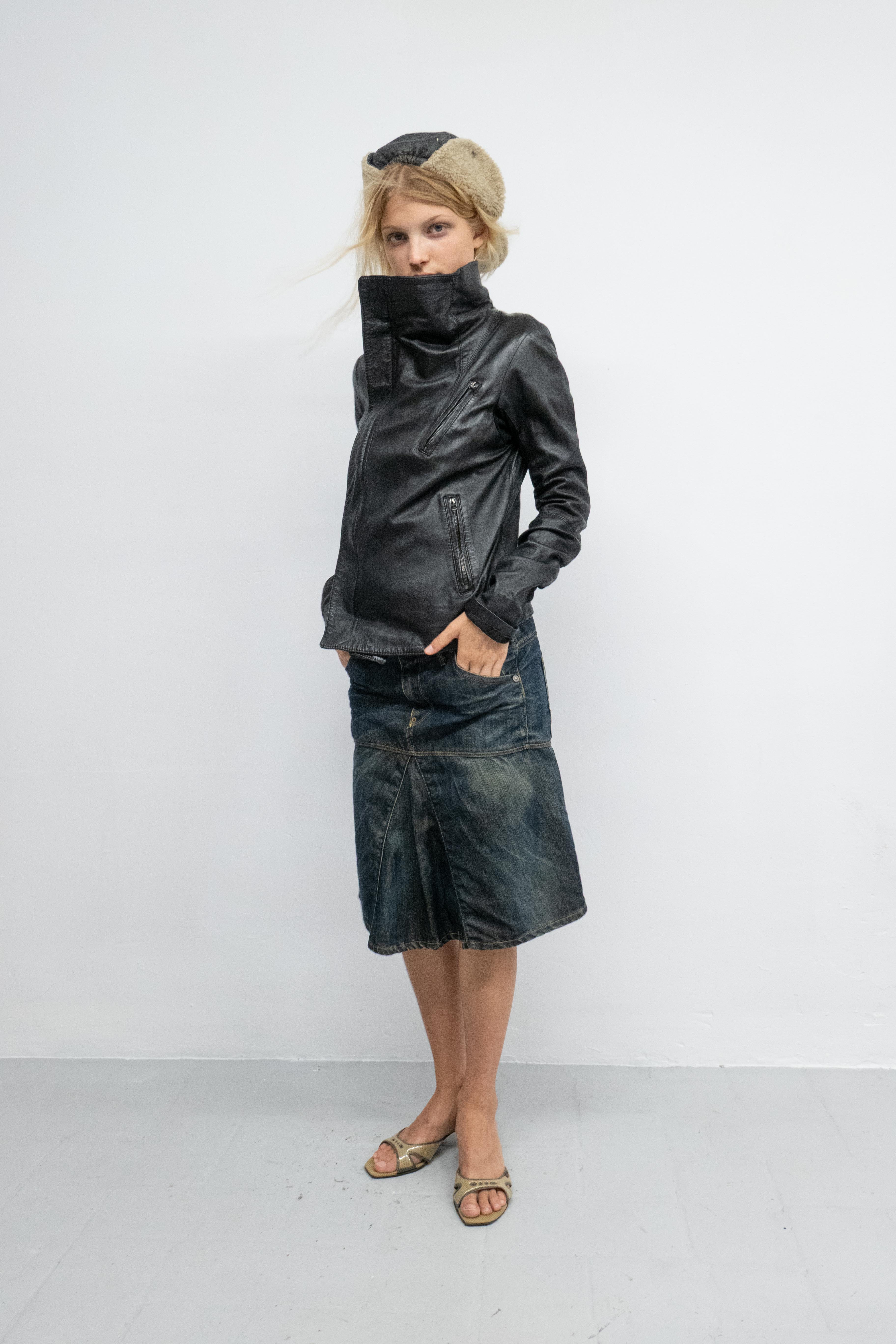 ASYMMETRIC LONG NECK LEATHER JACKET