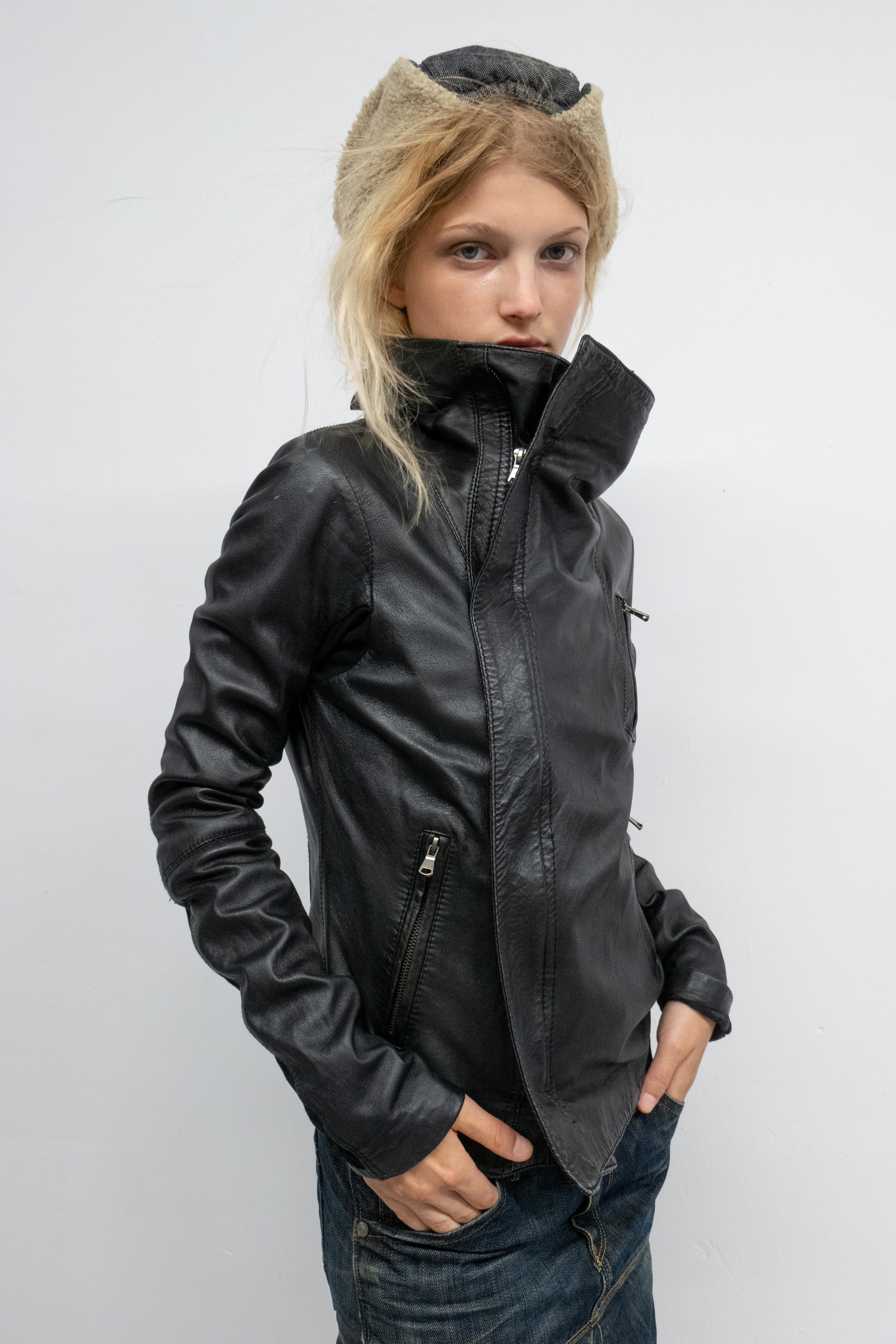 ASYMMETRIC LONG NECK LEATHER JACKET