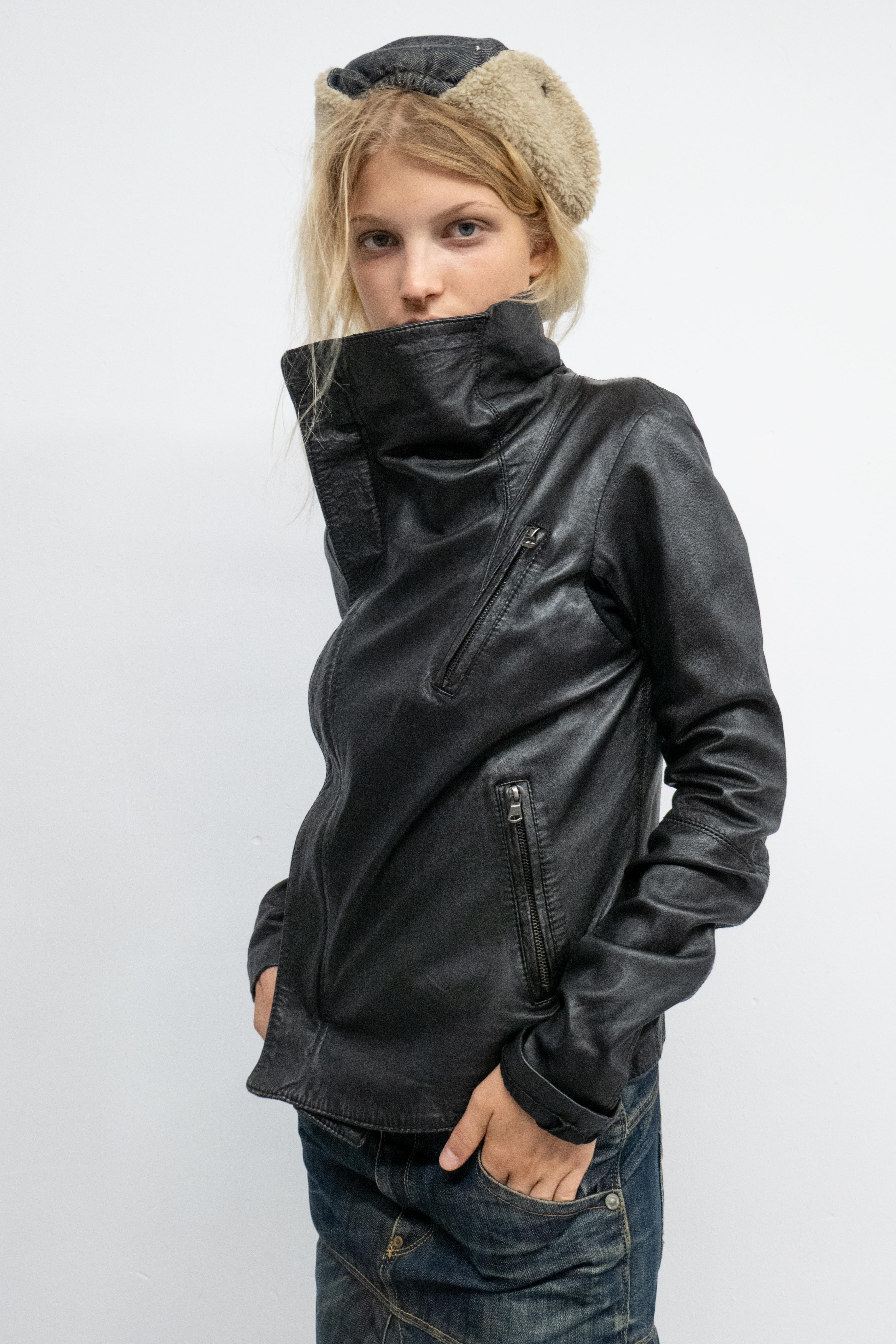 ASYMMETRIC LONG NECK LEATHER JACKET