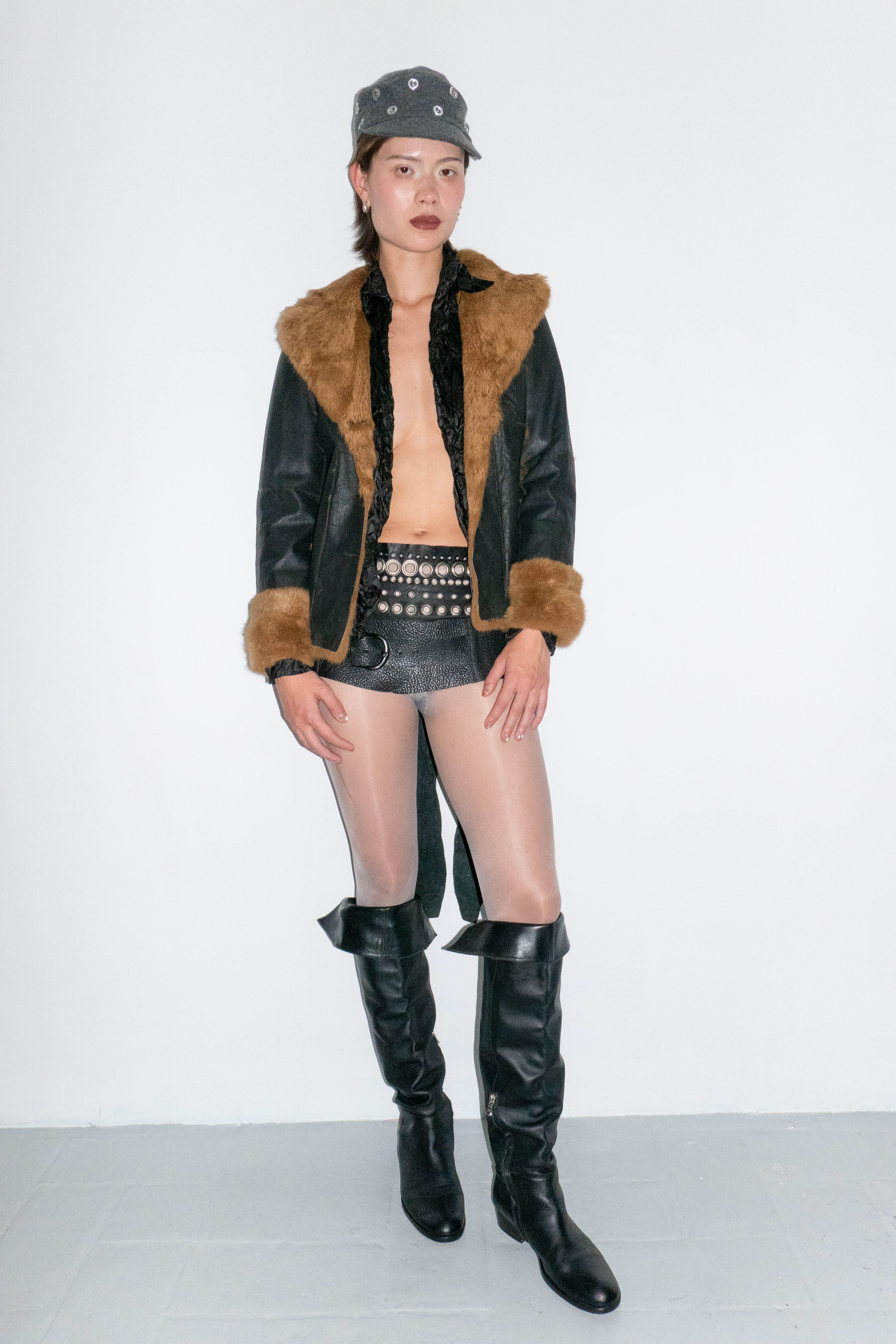 BLACK FUR PATCHED LEATHER COAT