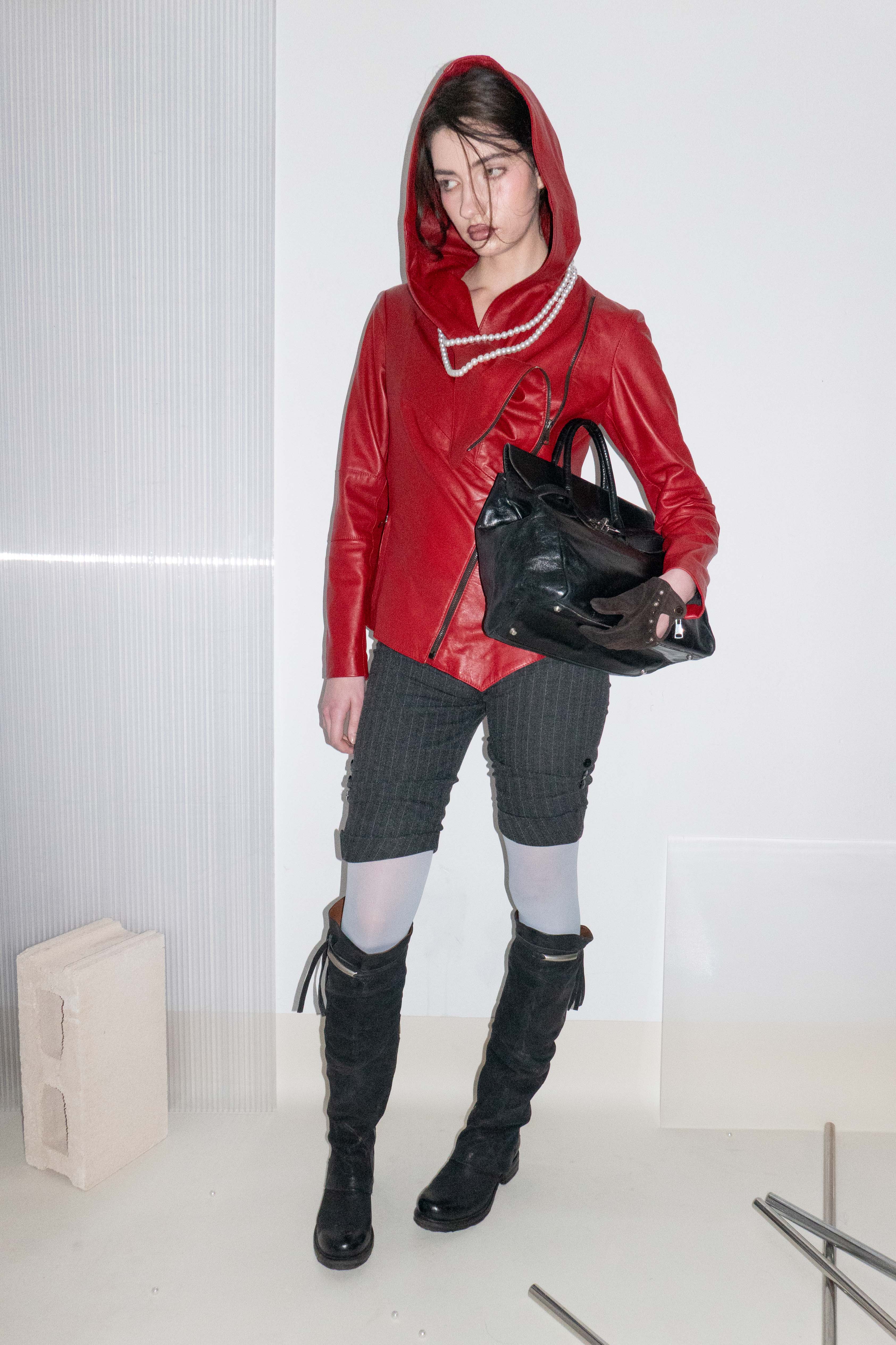 RED ASYMMETRIC DRAPED HODDED LEATHER JACKET