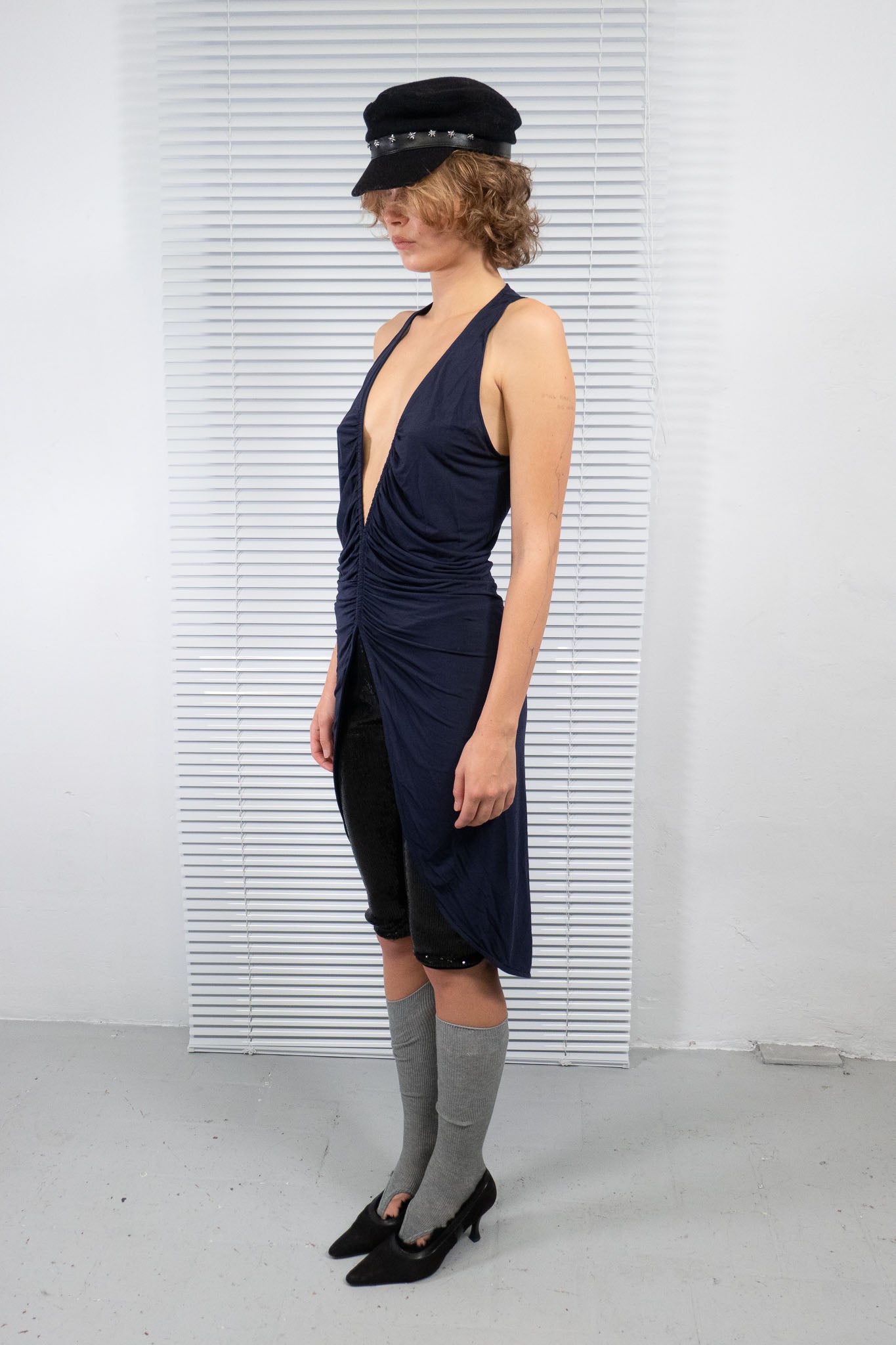 NAVY ASYMMETRIC RUCHED TUNIC