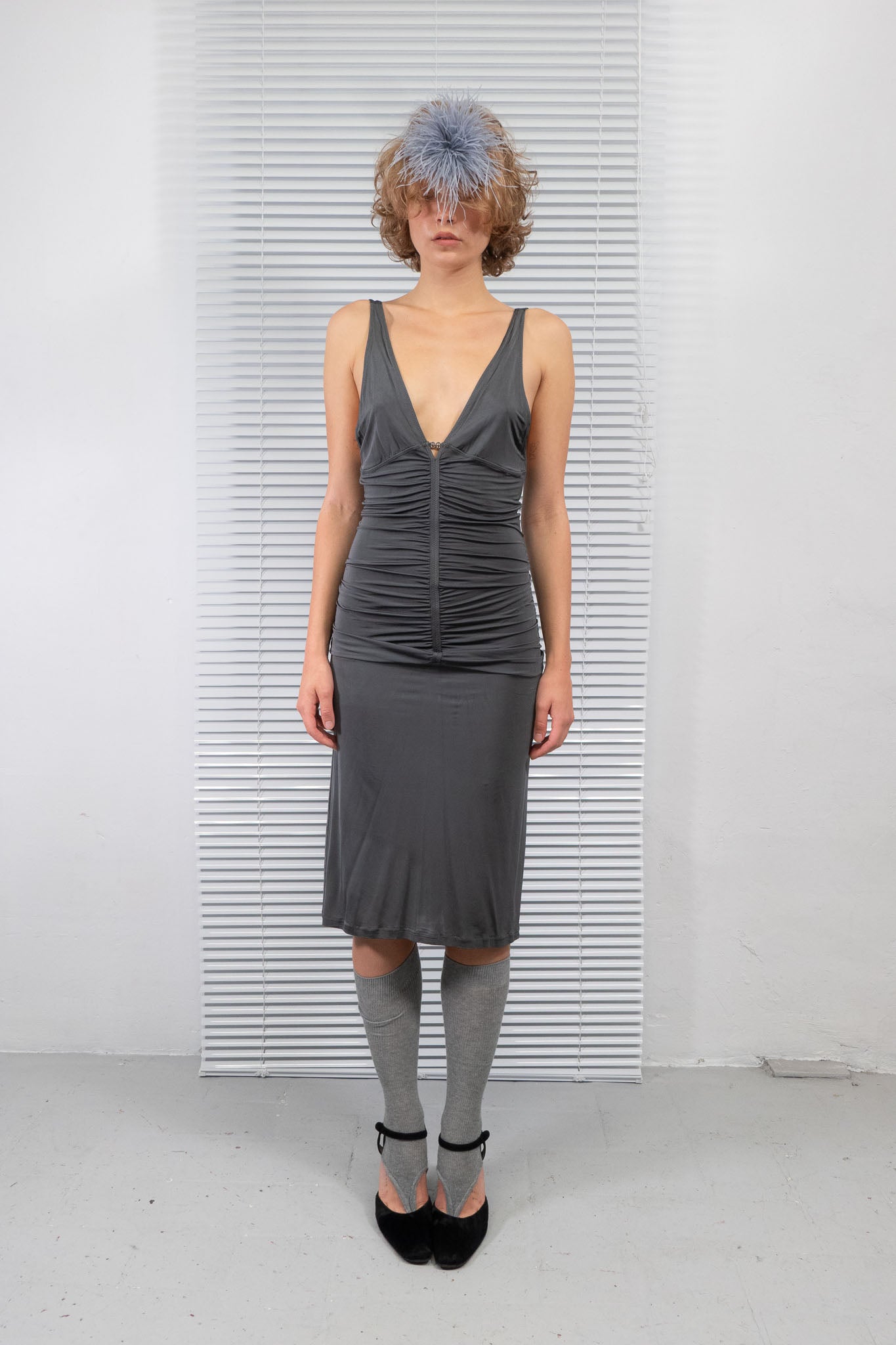GREY RUCHED MIDI DRESS