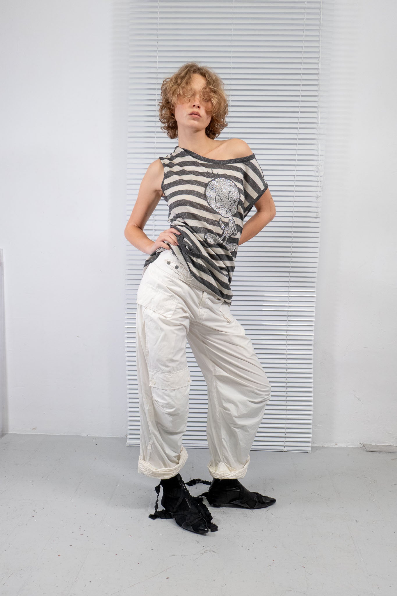 M+FG WHITE PUFFED PARACHUTE PANTS