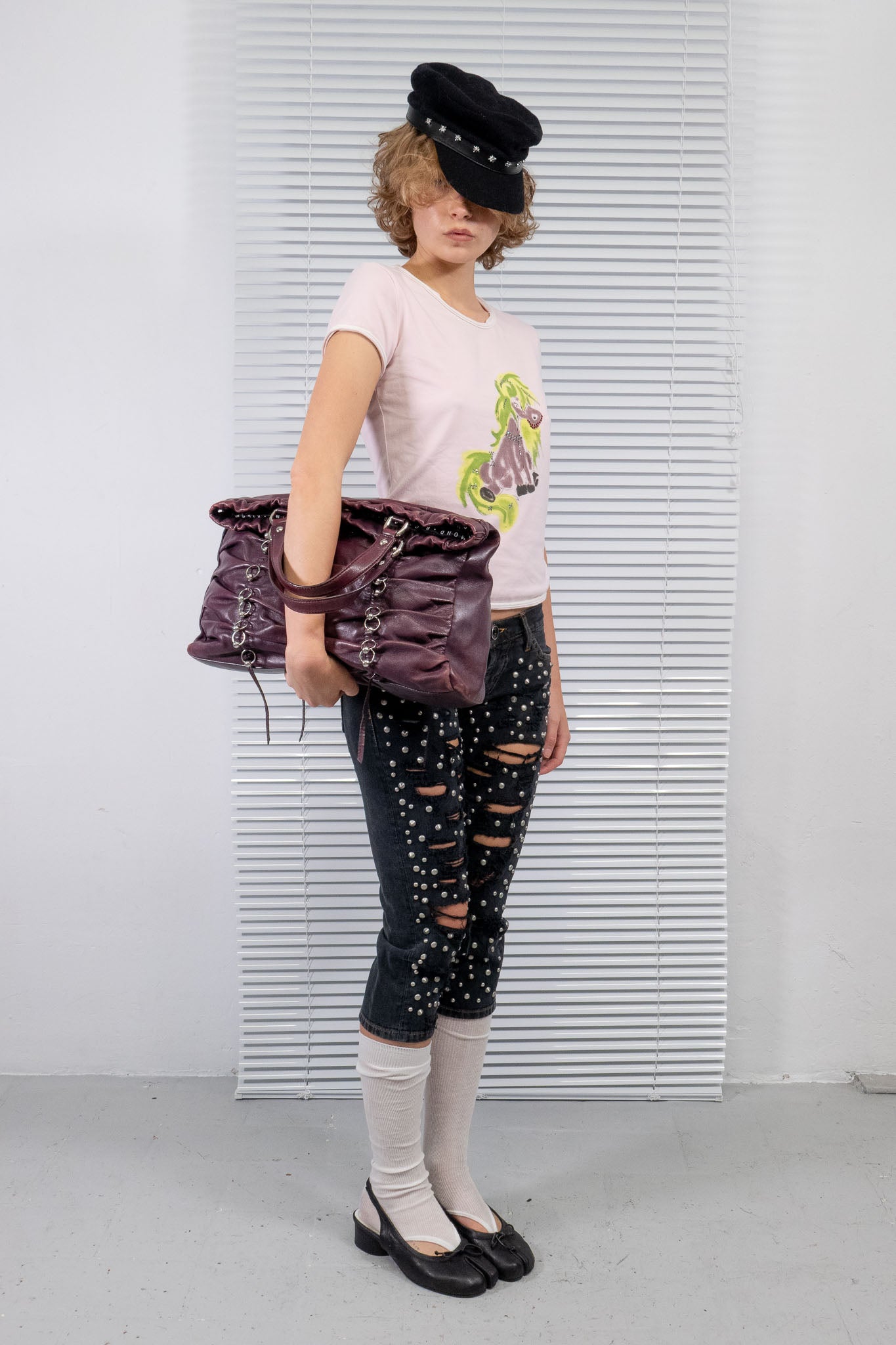 PURPLE PIERCED RUCHED LEATHER BAG