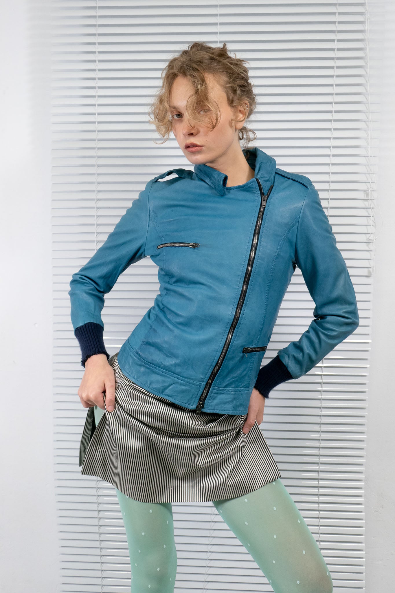 GORGIO BRATO BLUE LEATHER CROPPED JACKET