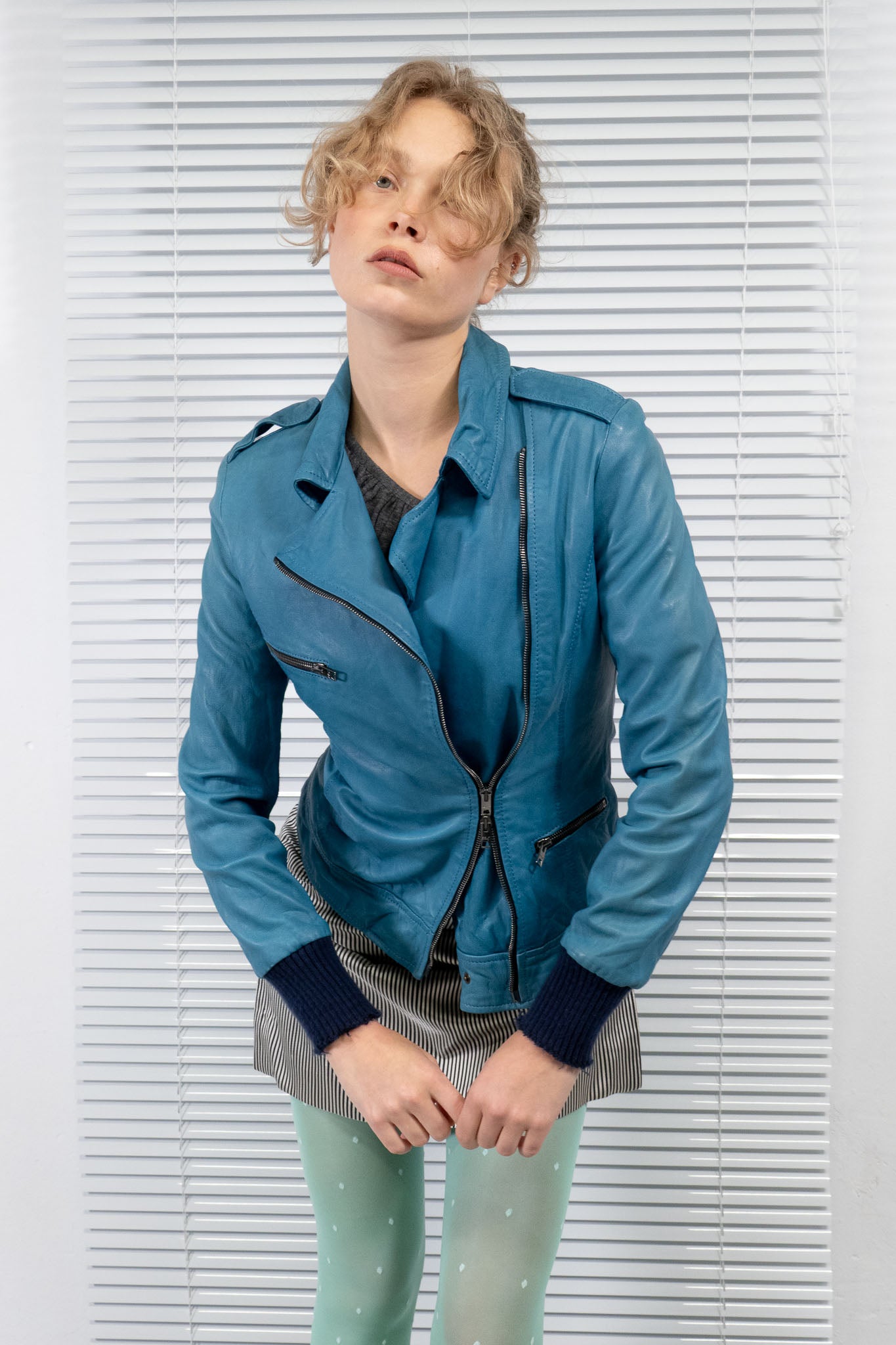 GORGIO BRATO BLUE LEATHER CROPPED JACKET