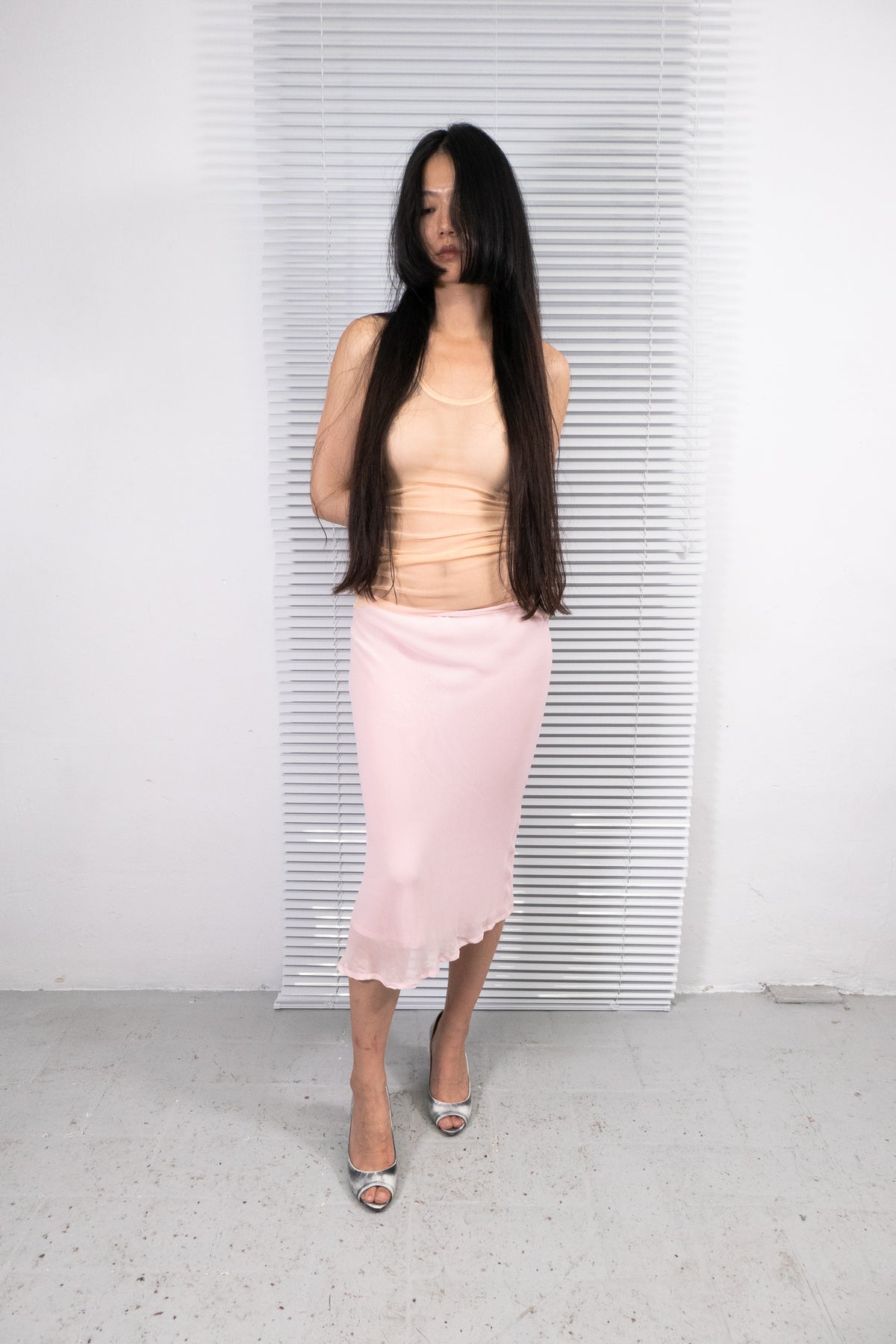 SOFT PINK SHEER MIDI SKIRT