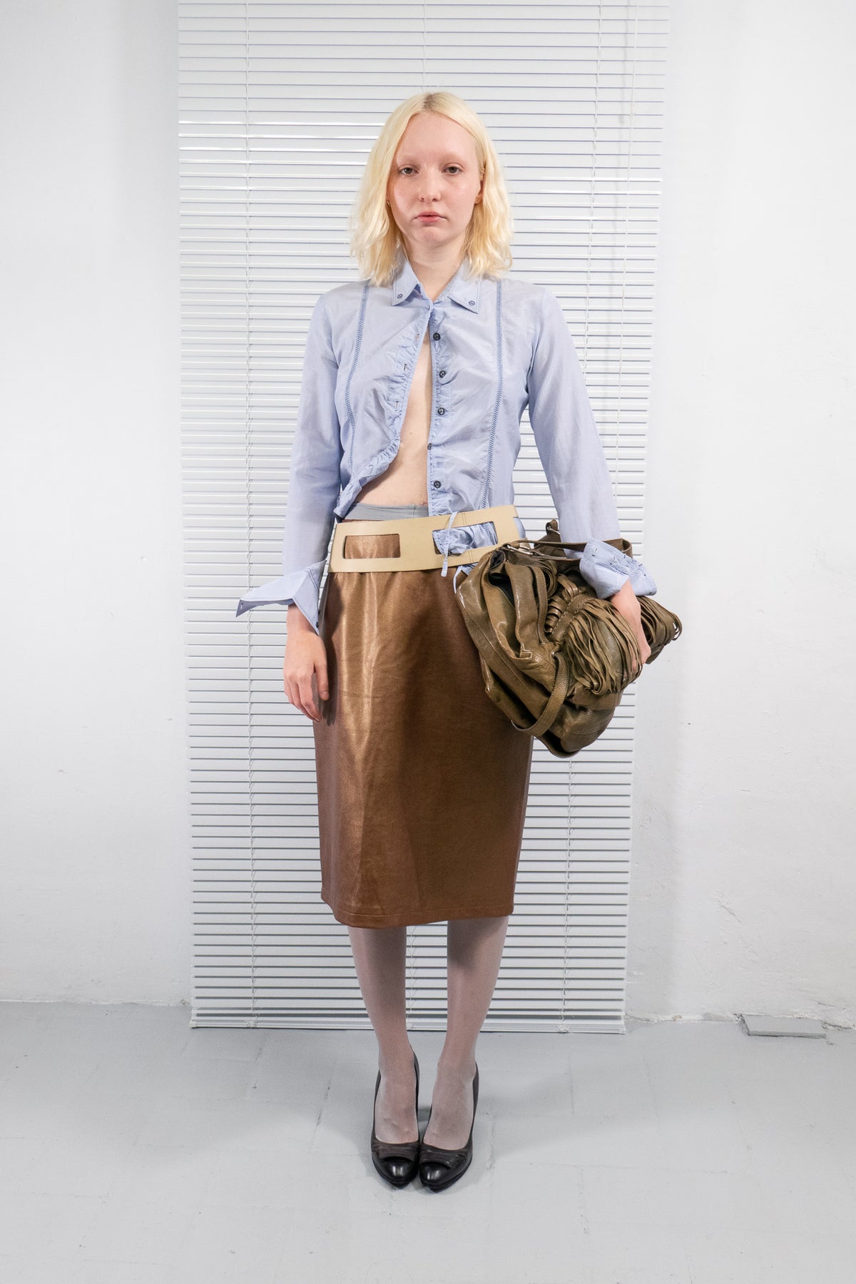 METALLIC BRONZE LEATHER MIDI SKIRT