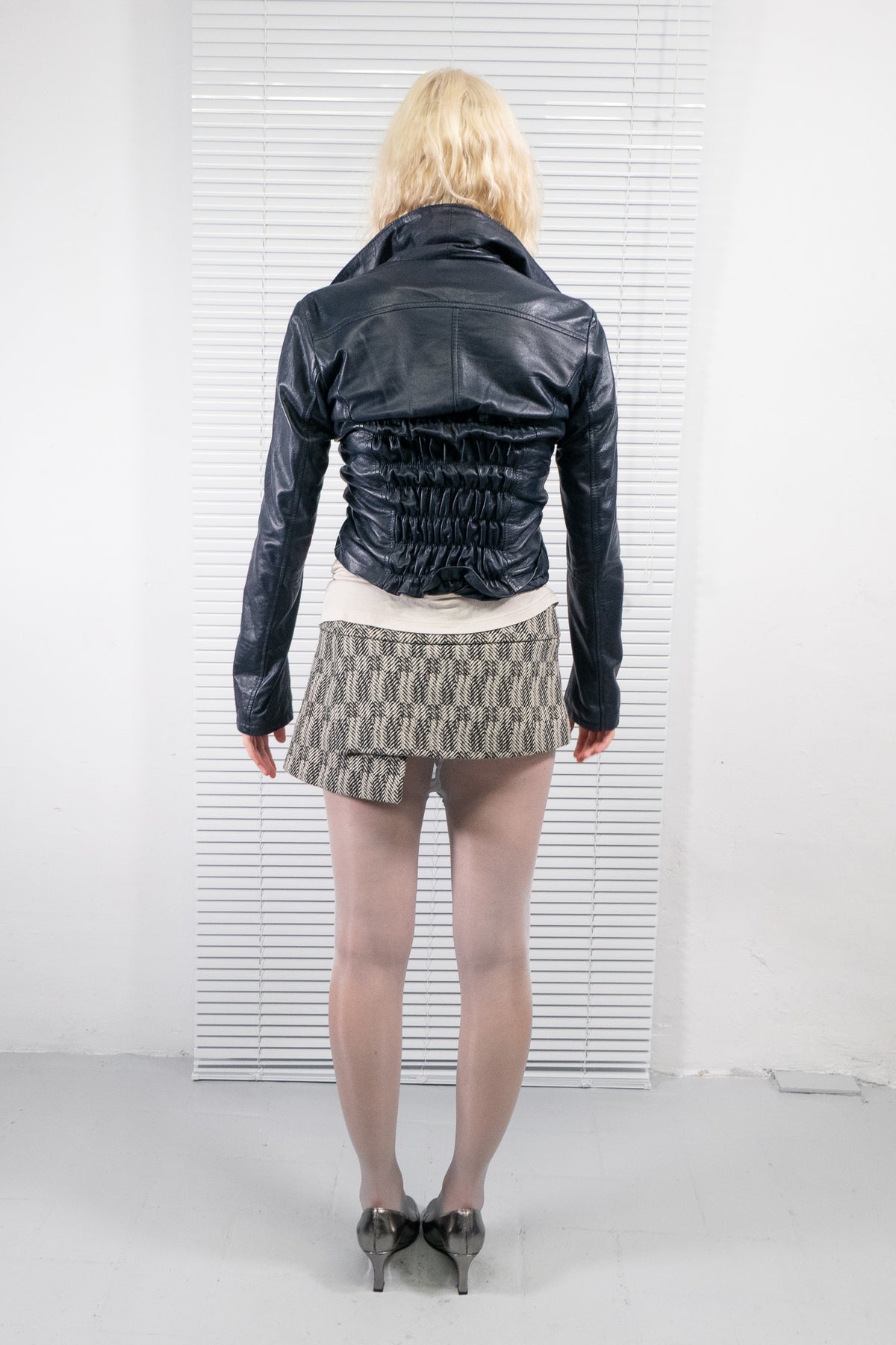 DARK BLUE RUCHED LEATHER JACKET
