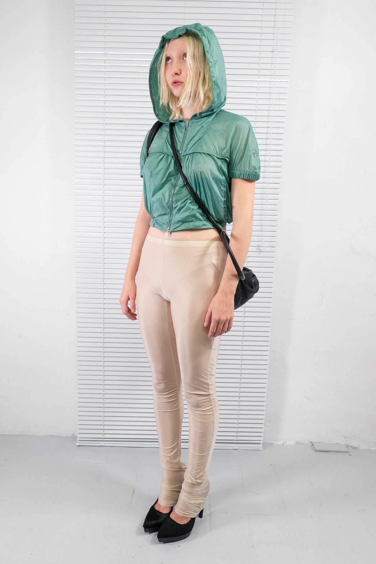 GREEN SHINY HOODED ZIP TOP