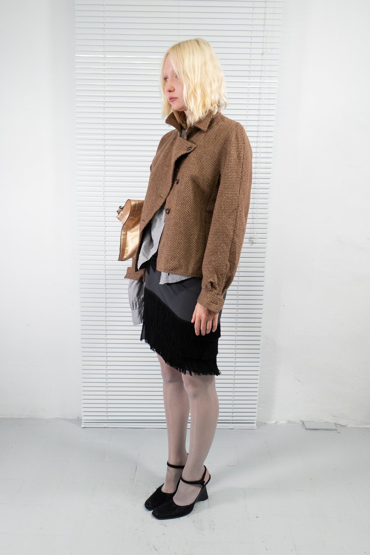 GUY LAROCHE BROWN TEXTURED PEPLUM JACKET